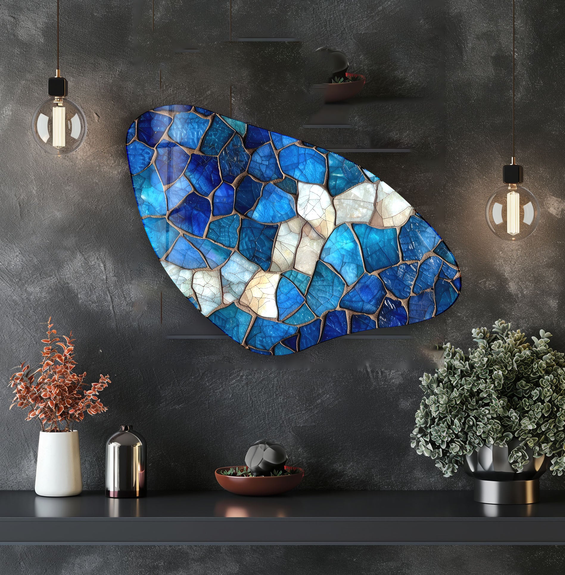 Handmade Blue Mosaic Asymmetrical Glass Wall Art - Modern Abstract Home Decor for Living Room, Bedroom & Office