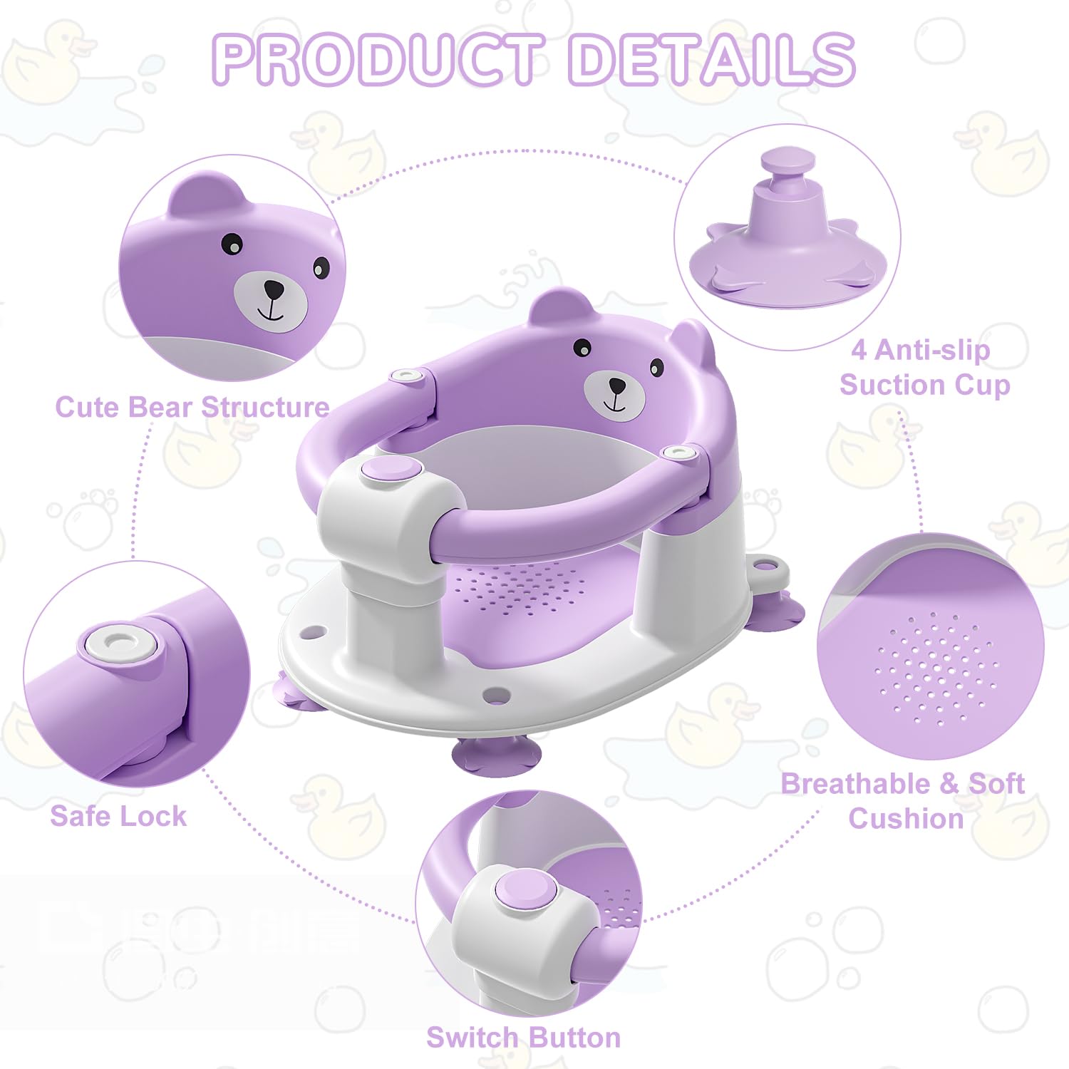 Non-Slip Baby Bath Seat for Infants 6-24 Months | Safe Toddler Bathtub Chair with 4 Suction Cups & Soft Cushion | Lavender Shower Seat for Newborns Learning to Sit | Perfect for Bath Time Safety & Comfort