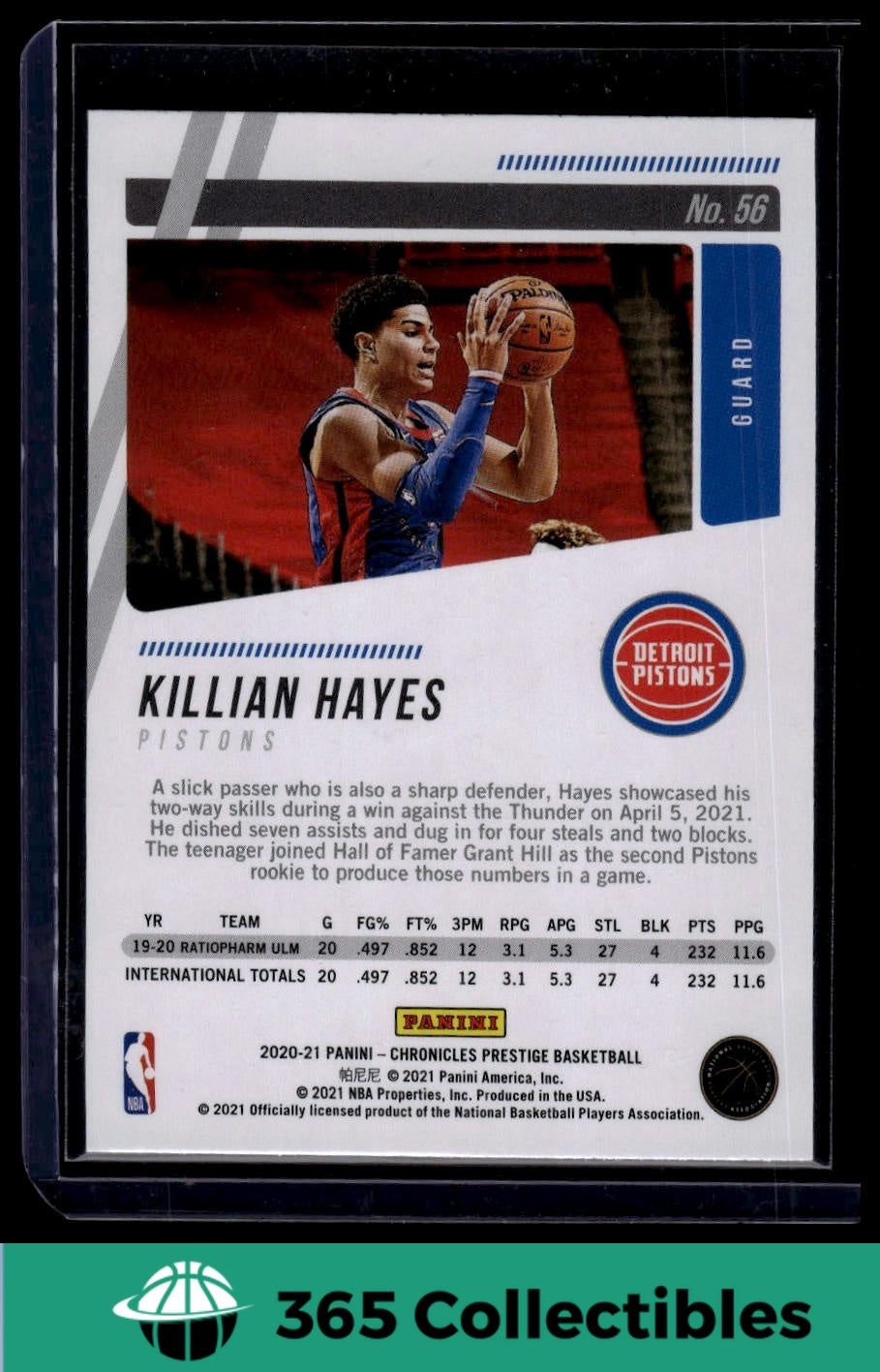 2020-21 Panini Chronicles Killian Hayes Pink #56 Basketball Card - Detroit Pistons Rookie - Collectible Sports Memorabilia for Fans & Card Enthusiasts