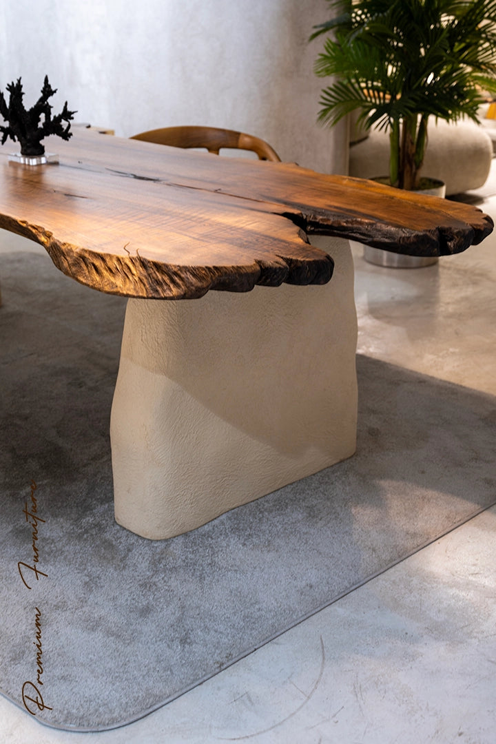 Luxury Solid Wood Walnut Dining Table with Stone-Inspired Legs - Wabi Sabi Style Modern Furniture for Living Room, Dining Room & Office