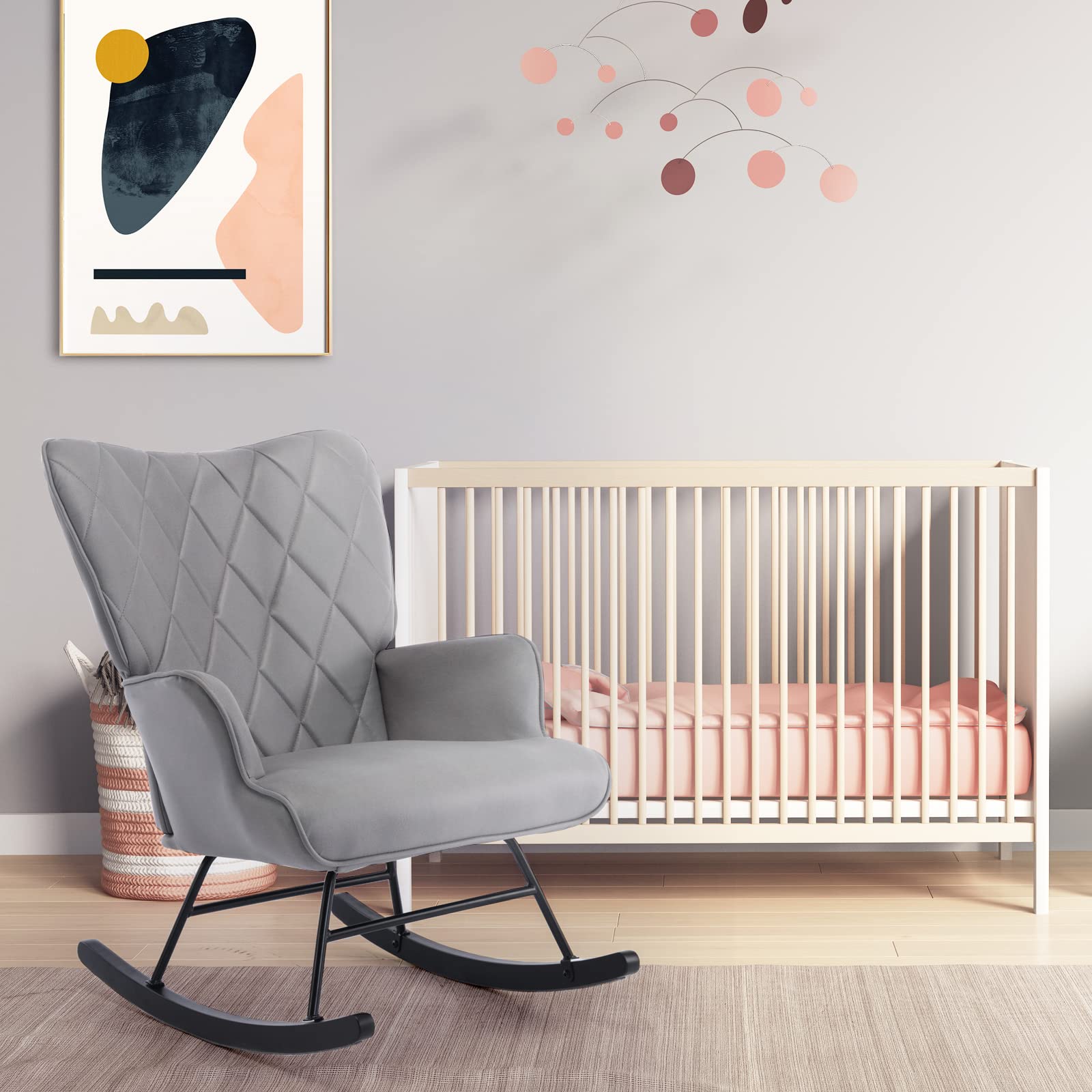 Modern Rocking Chair with Lumbar Support & Ottoman - Nursery Glider Chair for Baby Room, Living Room or Bedroom - Soft Gray Fabric - Perfect for Nursing, Relaxing & Reading