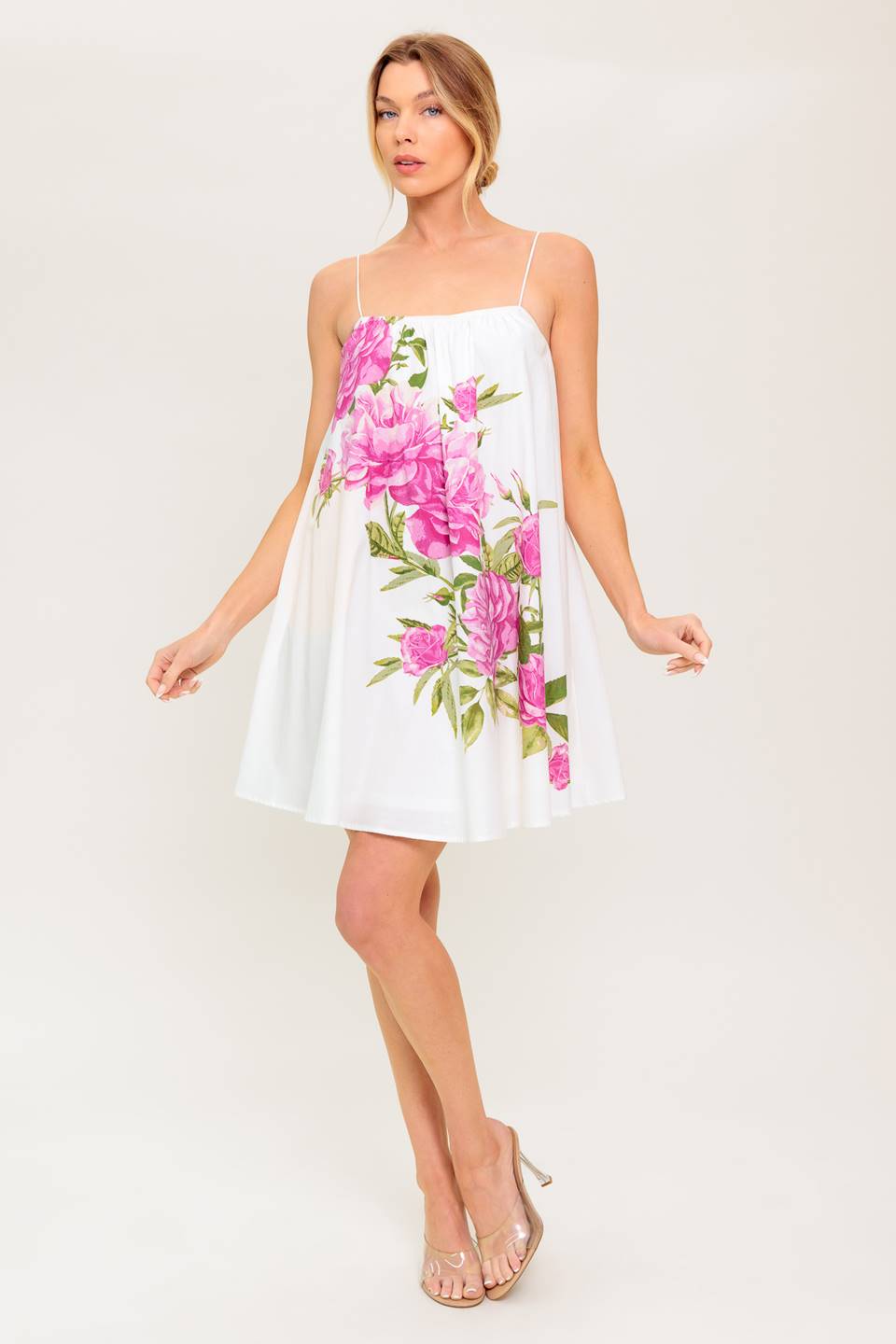 GARDEN WHISPERS Pink Floral Swing Dress - Women's Summer Flowy Dress for Garden Parties, Beach Vacations & Date Nights