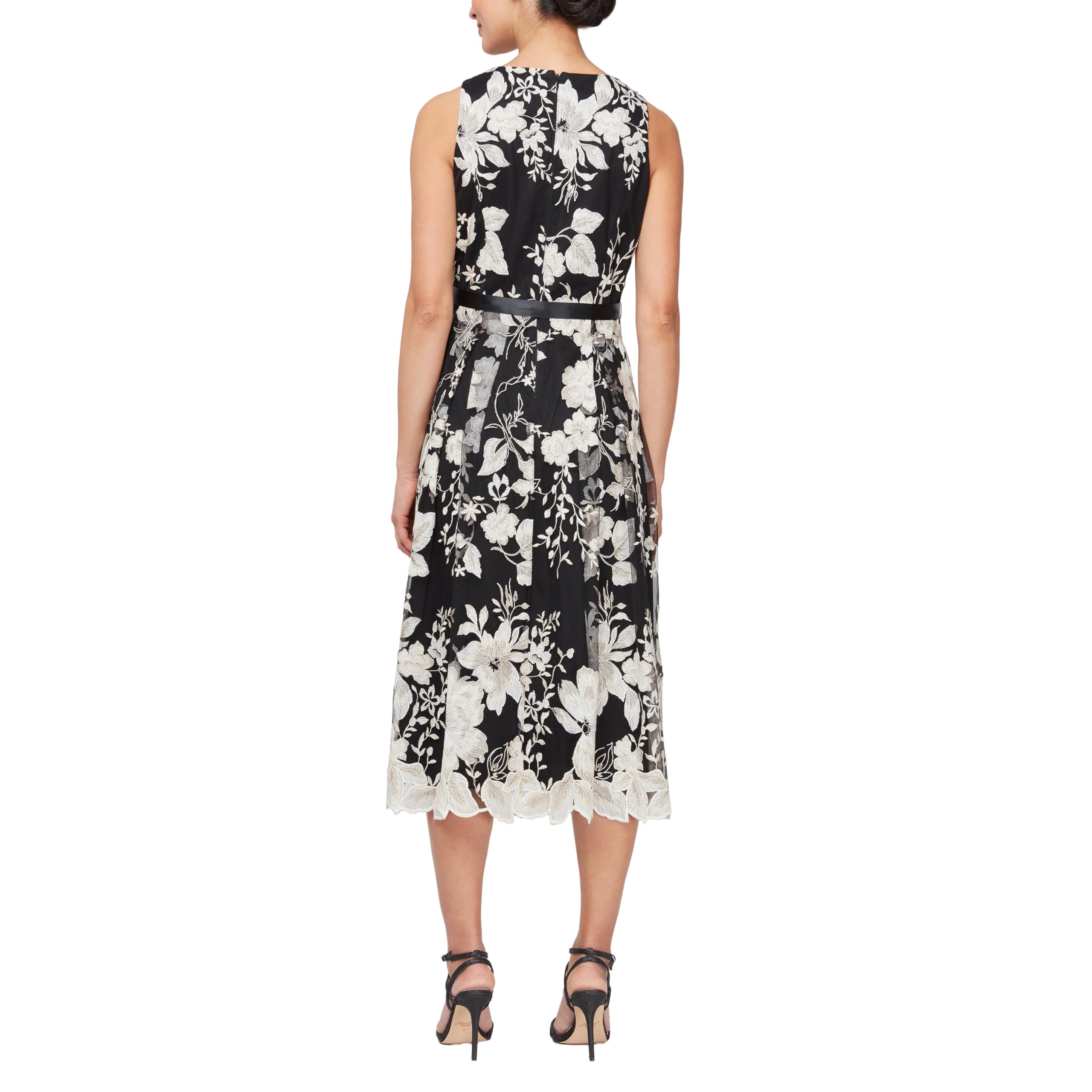 Alex Evenings Women's Sleeveless Midi Dress with Elegant Embroidery, Full Skirt & Tie Belt - Petite & Regular Sizes - Perfect for Cocktail Parties, Weddings & Formal Events