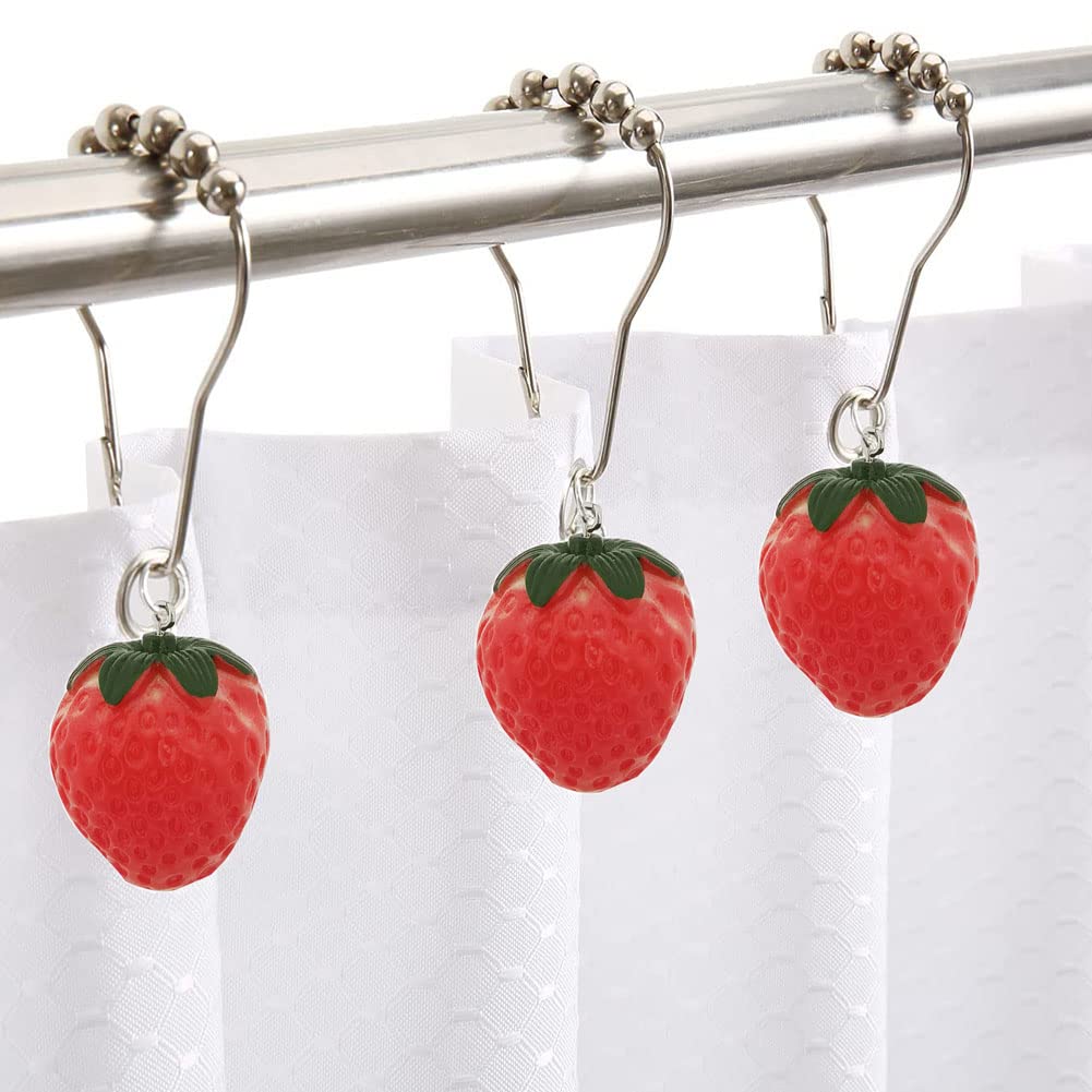 12 Pack Stainless Steel Strawberry Shower Curtain Hooks - Rustproof Bathroom Shower Rings with Cute Resin Fruit Pendants for Girls, Kids & Women (Fruit Series Design) - Perfect for Bathroom Decor, Baby Showers & Themed Bedrooms