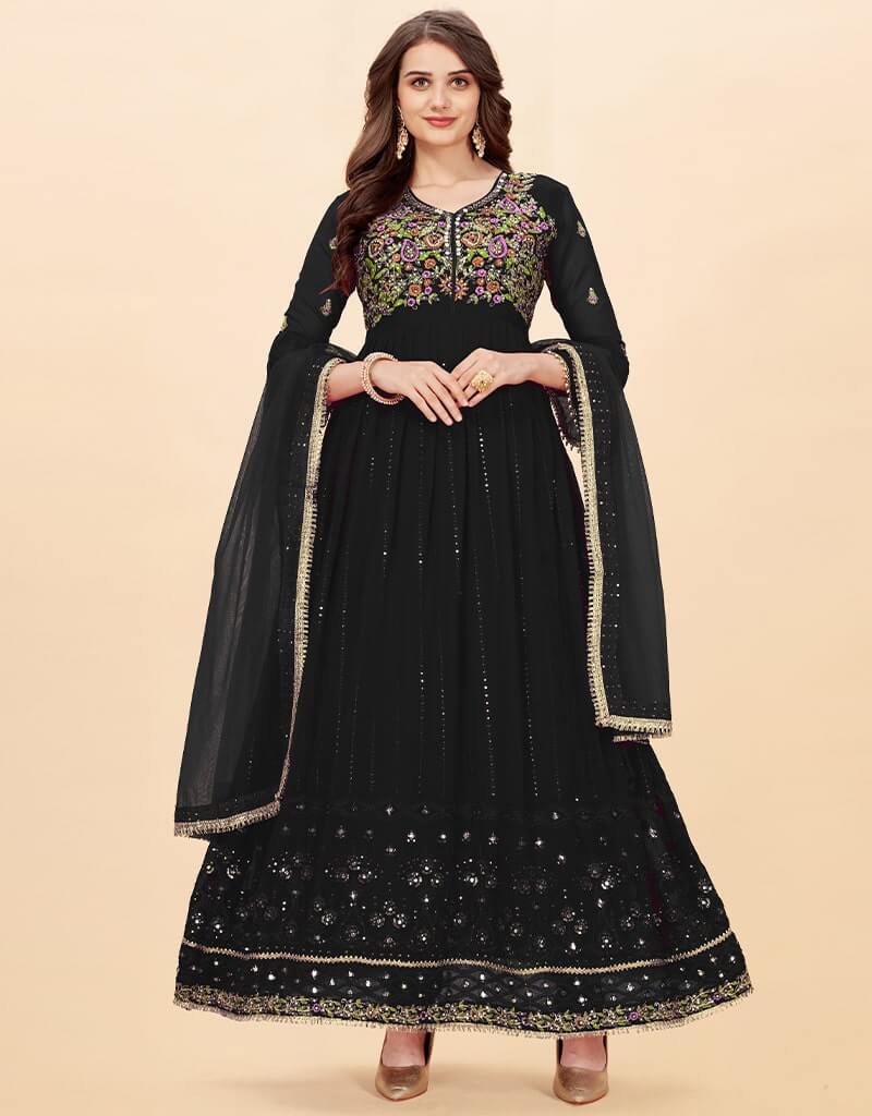 Elegant Black Anarkali Style Dress - Faux Georgette Fabric for Women | Perfect for Weddings, Parties & Festive Occasions