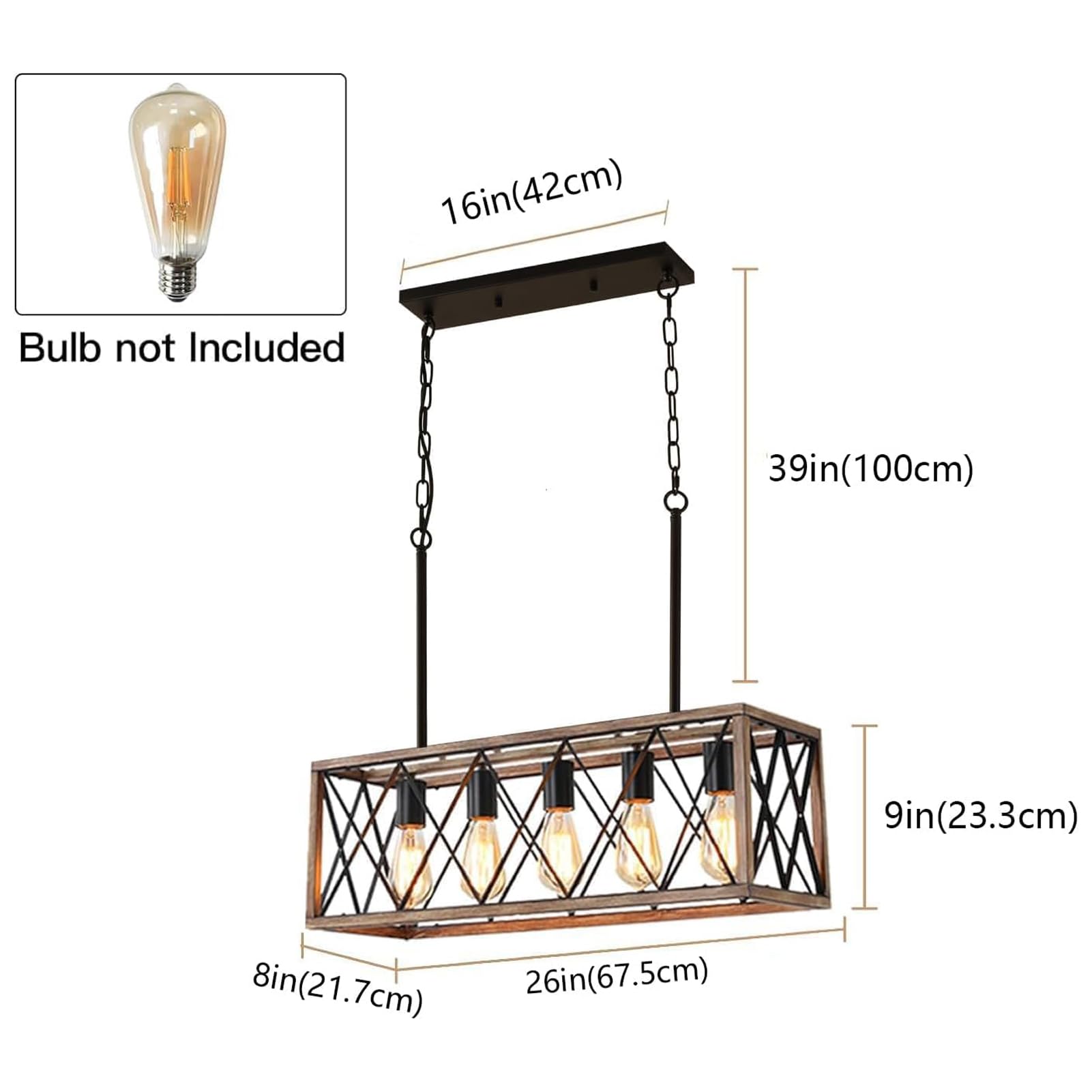 Rustic 5-Light Farmhouse Chandelier for Dining Room - Adjustable Height Wood Finish Linear Pendant Light for Kitchen Island, Dining Table & Pool Table | Perfect for Country Homes, Restaurants & Game Rooms