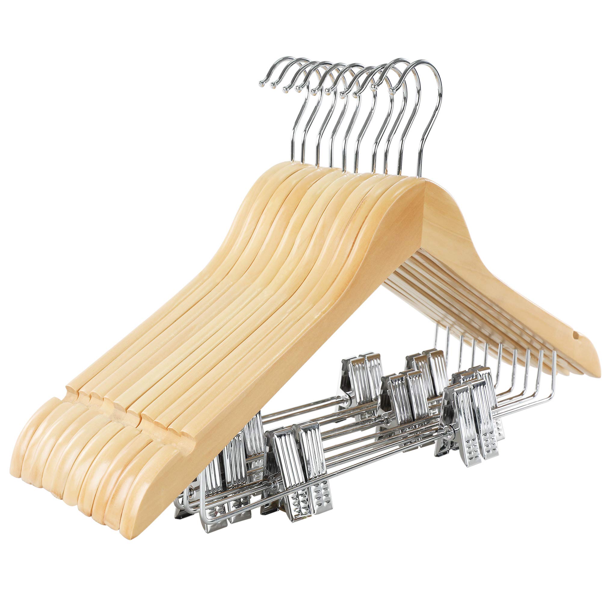 Premium Wooden Clothes Hangers 10 Pack - Adjustable Metal Clips & 360° Swivel Hook for Suits, Pants, Skirts, Jeans, Coats & Jackets | Ideal for Closet Organization, Wardrobe Storage & Travel Use - TOPIA HANGER CT28N