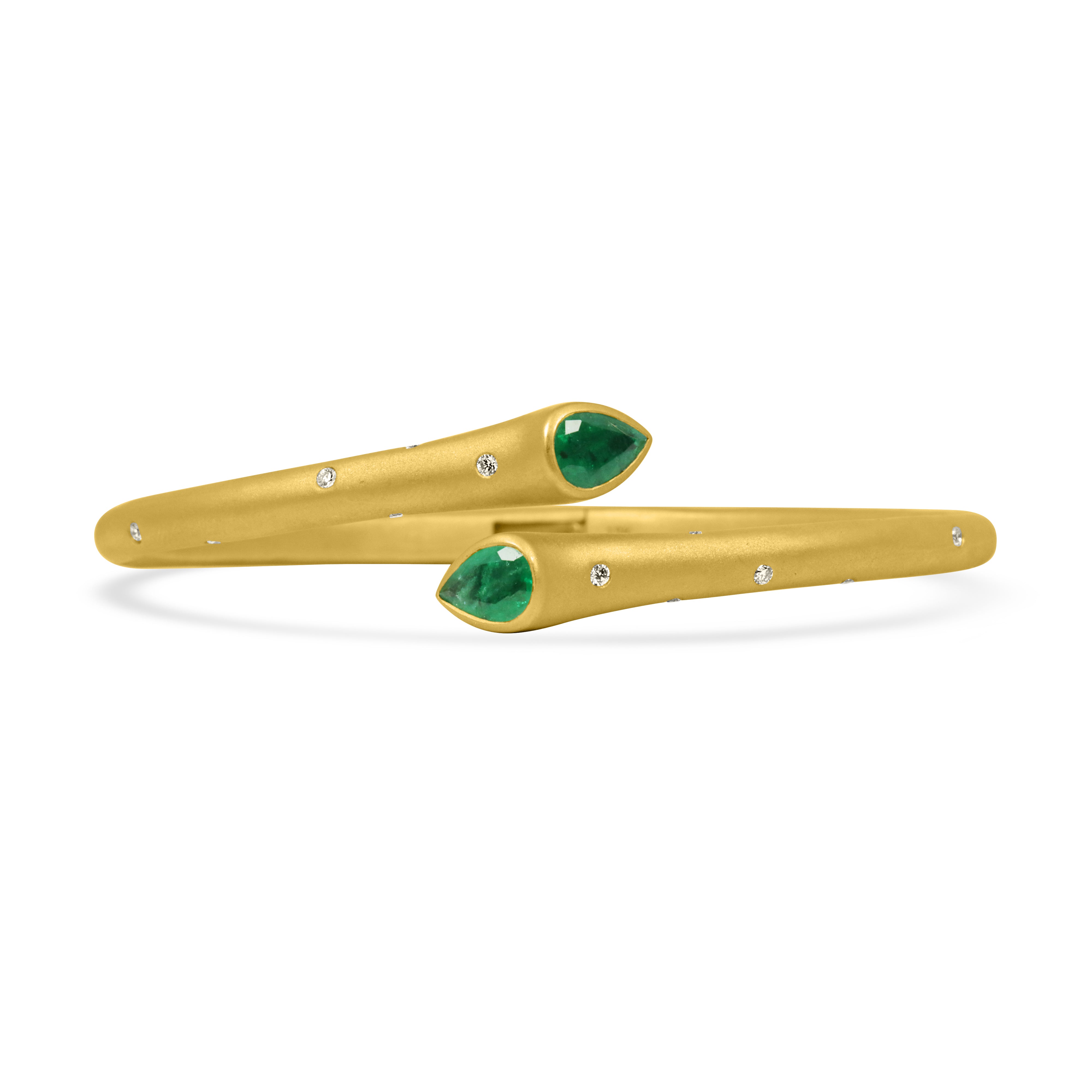 2.93tcw Pear Emerald & Diamond Bypass Cuff Bangle Bracelet in 18K Gold - Elegant Jewelry for Weddings, Parties & Special Occasions