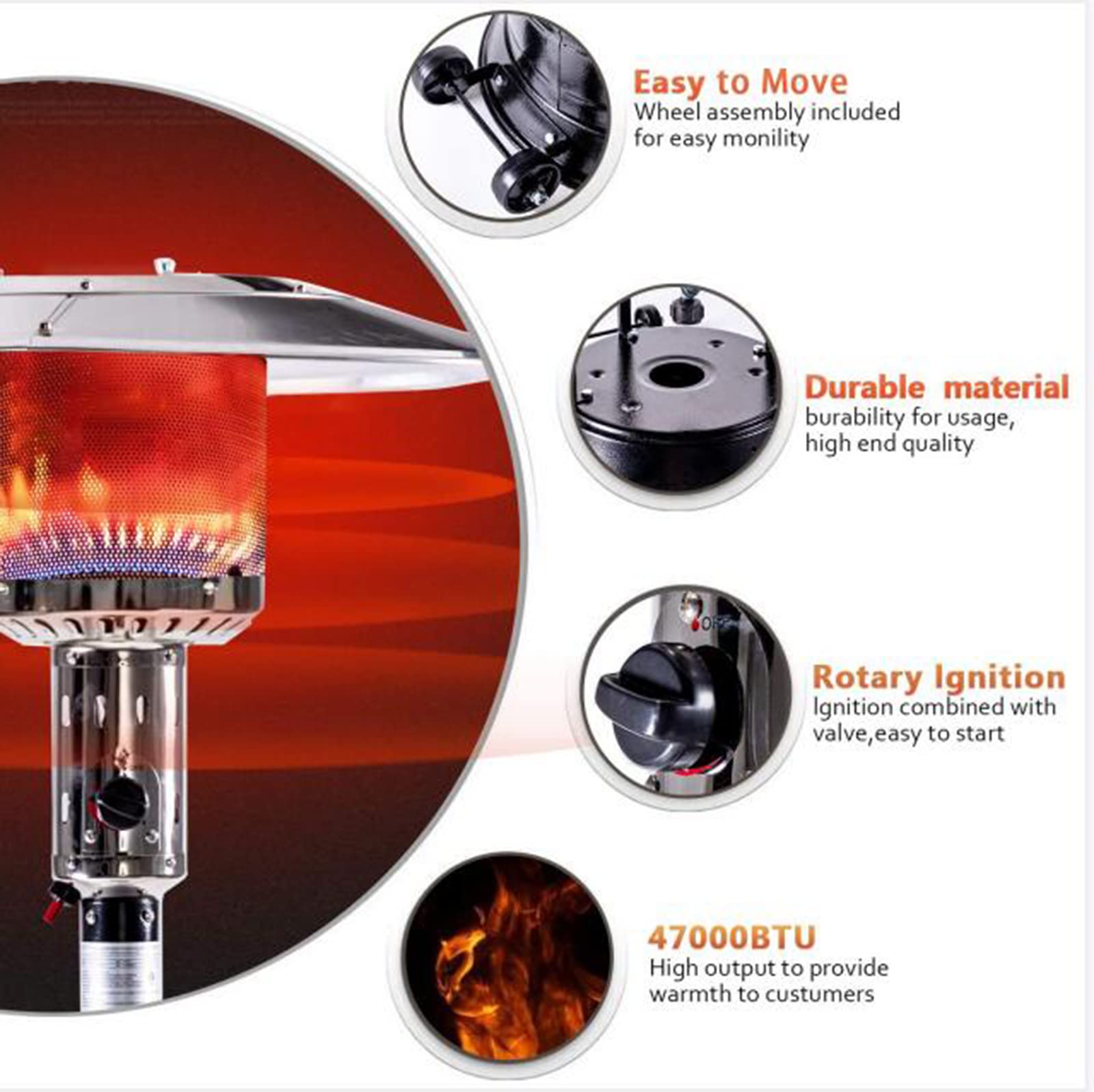 **47,000 BTU Outdoor Propane Heater with Wheels - 88 Inch Stainless Steel Standing Gas Patio Heater for Commercial & Residential Use - Perfect for Parties, Restaurants, Gardens & Yards (Hammered Black)**