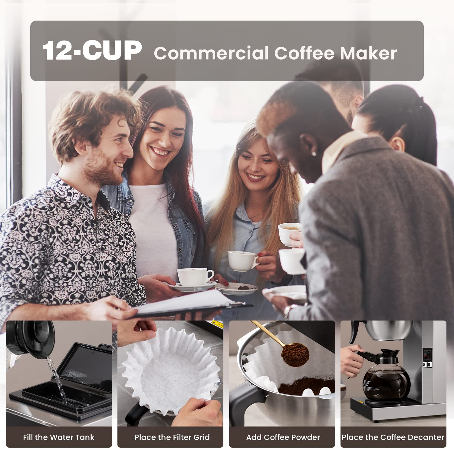 SYBO 12-Cup Commercial Drip Coffee Maker - Stainless Steel Pour Over Coffee Brewer with 2 Glass Carafes & Warmers for Restaurants, Offices & Home Use (SF-CB-2GA)