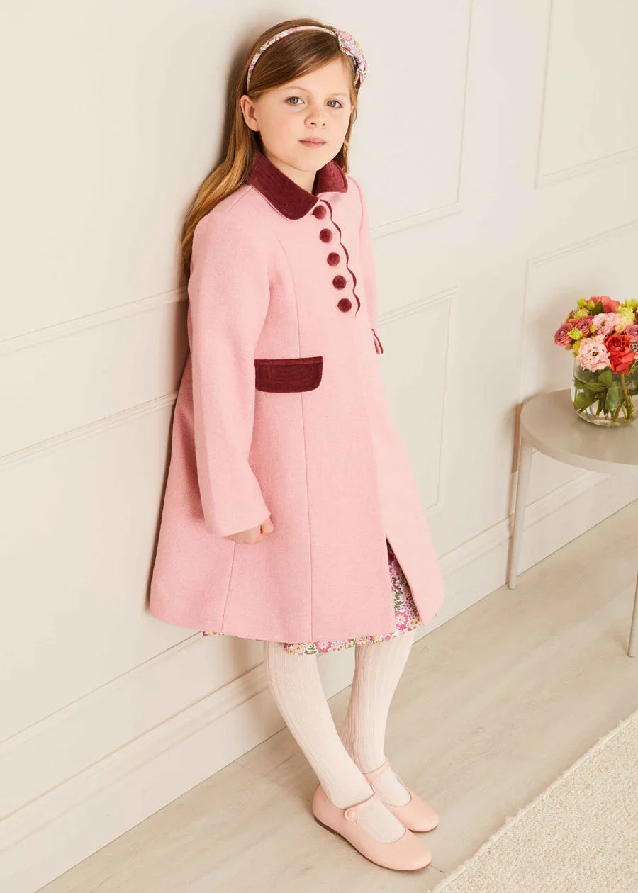 Pink Single Breasted Scallop Detail Coat for Girls (2-10 Years) - Perfect for School, Parties & Special Occasions