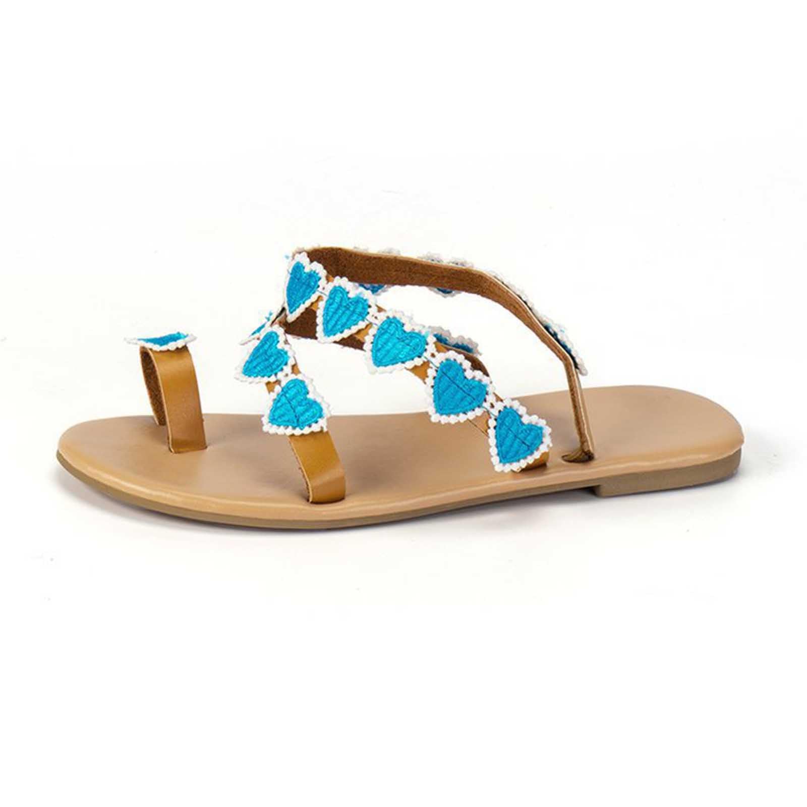 Oelaio Women's Summer Sandals - Plus Size Boho Ethnic Flat Sandals with Love Pinch Toe Design | Comfortable Beach Sandals & Casual Heeled Sandals (Size 6.5) | Perfect for Vacation, Beach Outings & Summer Fashion