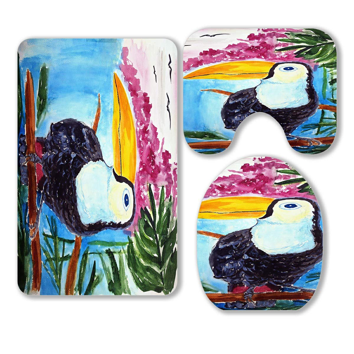 3-Piece Tropical Toucan Bathroom Rug Set - Black Bird with Yellow Beak Design, Non-Slip Contour Mat & Toilet Lid Cover - Perfect for Jungle, Bird Lover, or Tropical Themed Bathrooms