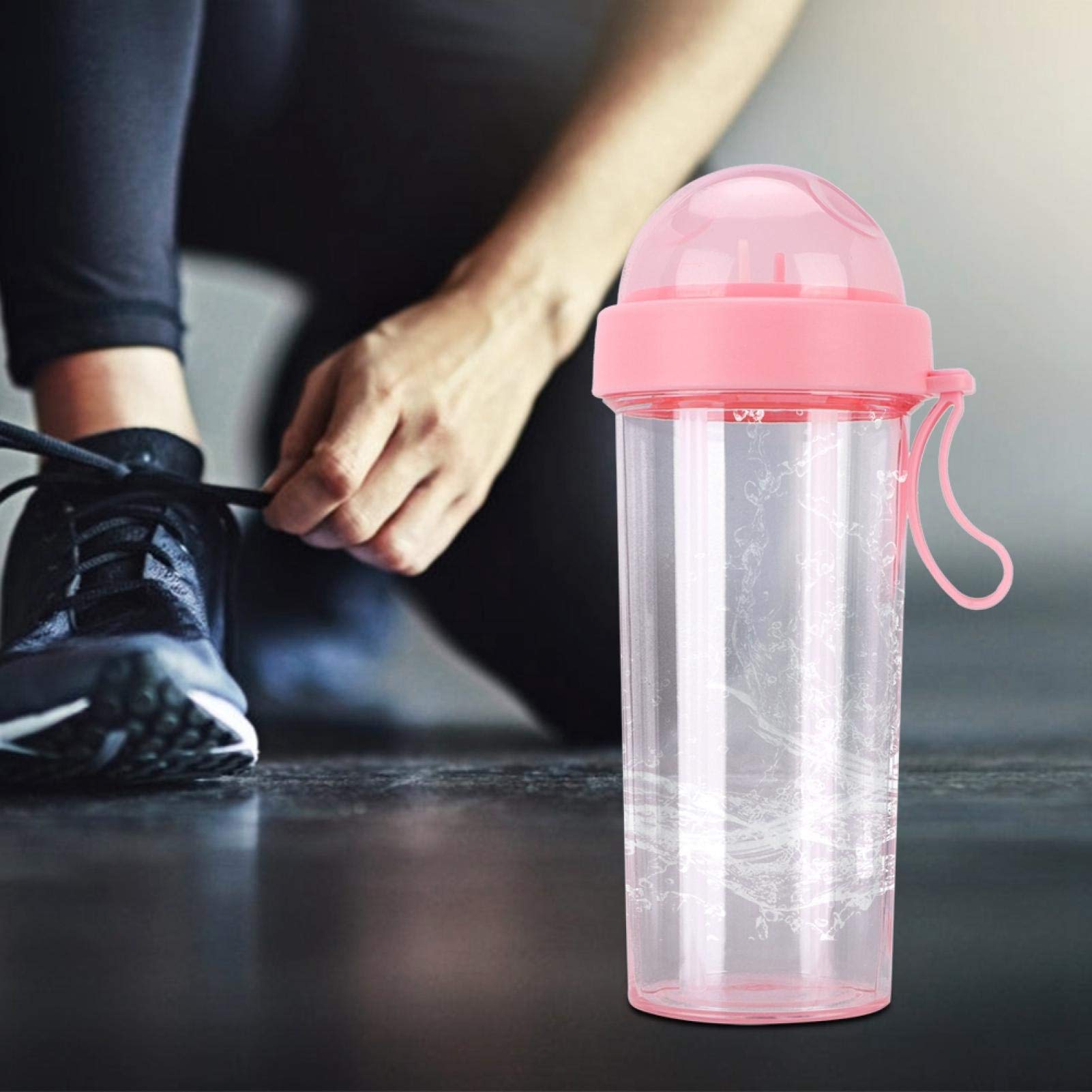 Oumefar 600ml BPA-Free Portable Water Bottle with Straw and Handle - Leakproof Sports Drink Bottle for Gym, Hiking, Travel & Outdoor Activities - Dual Purpose Sparkling Water Cup with 2 Straws (Pink)