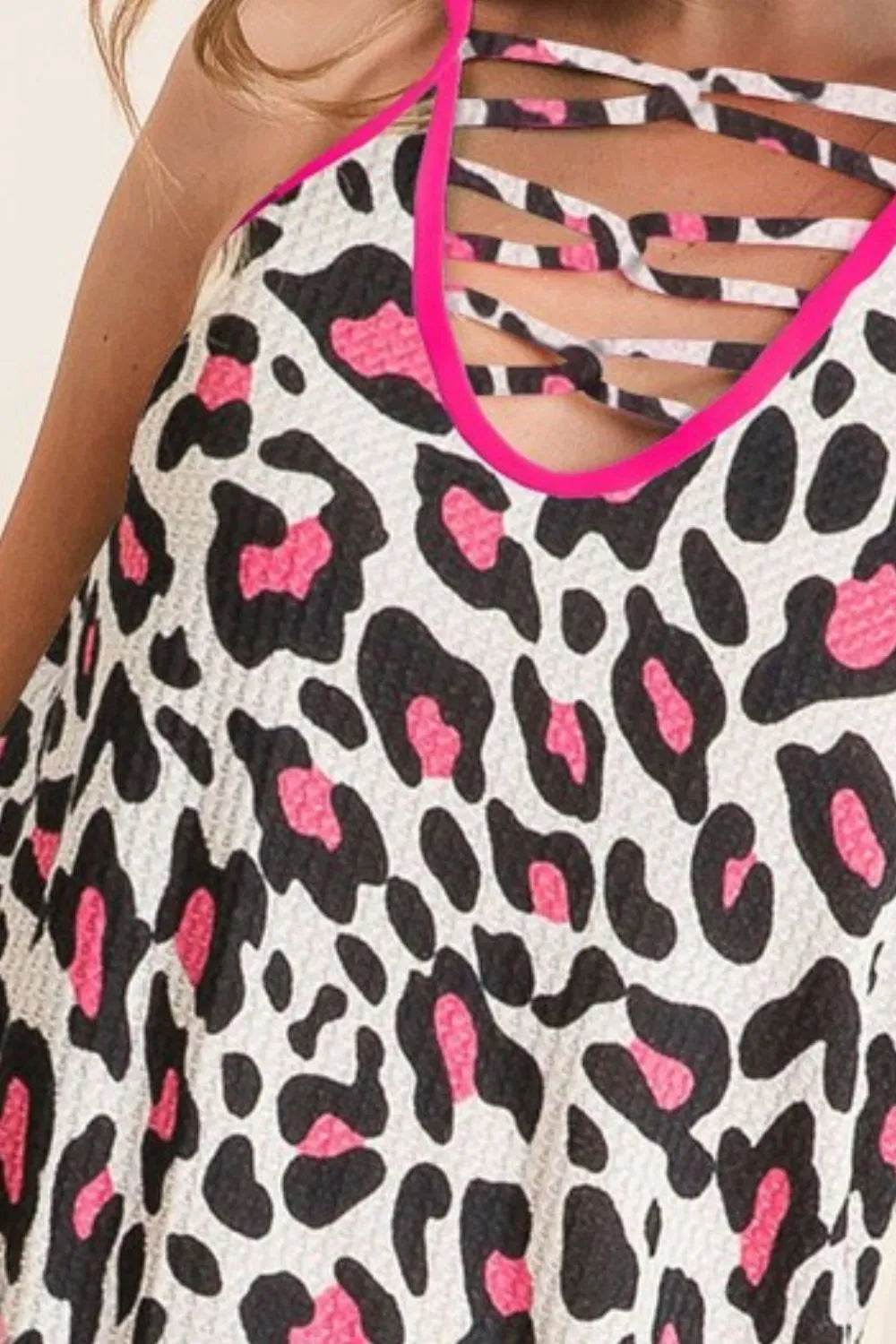 BiBi Leopard Print Caged Neck Knit Camisole Top - Sexy Animal Print Women's Tank Top for Night Out, Date Night & Summer Fashion