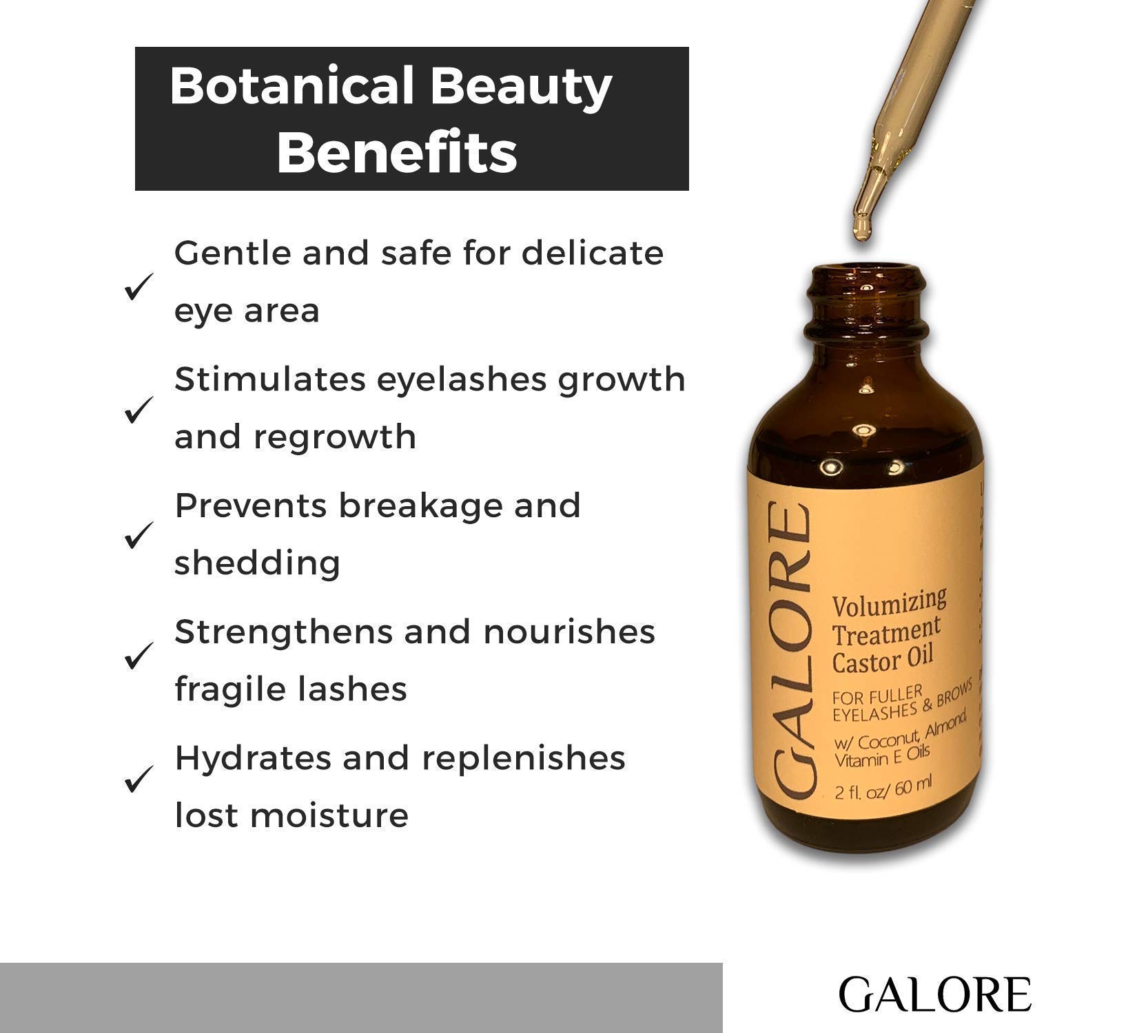 Natural Eyelash Growth Serum with Castor Oil & Vitamin E - Eyebrow & Lash Enhancer for Longer, Thicker Lashes - Infused with Almond & Coconut Oils - GALORE Naturals - Perfect for Daily Lash Care & Nighttime Beauty Routine