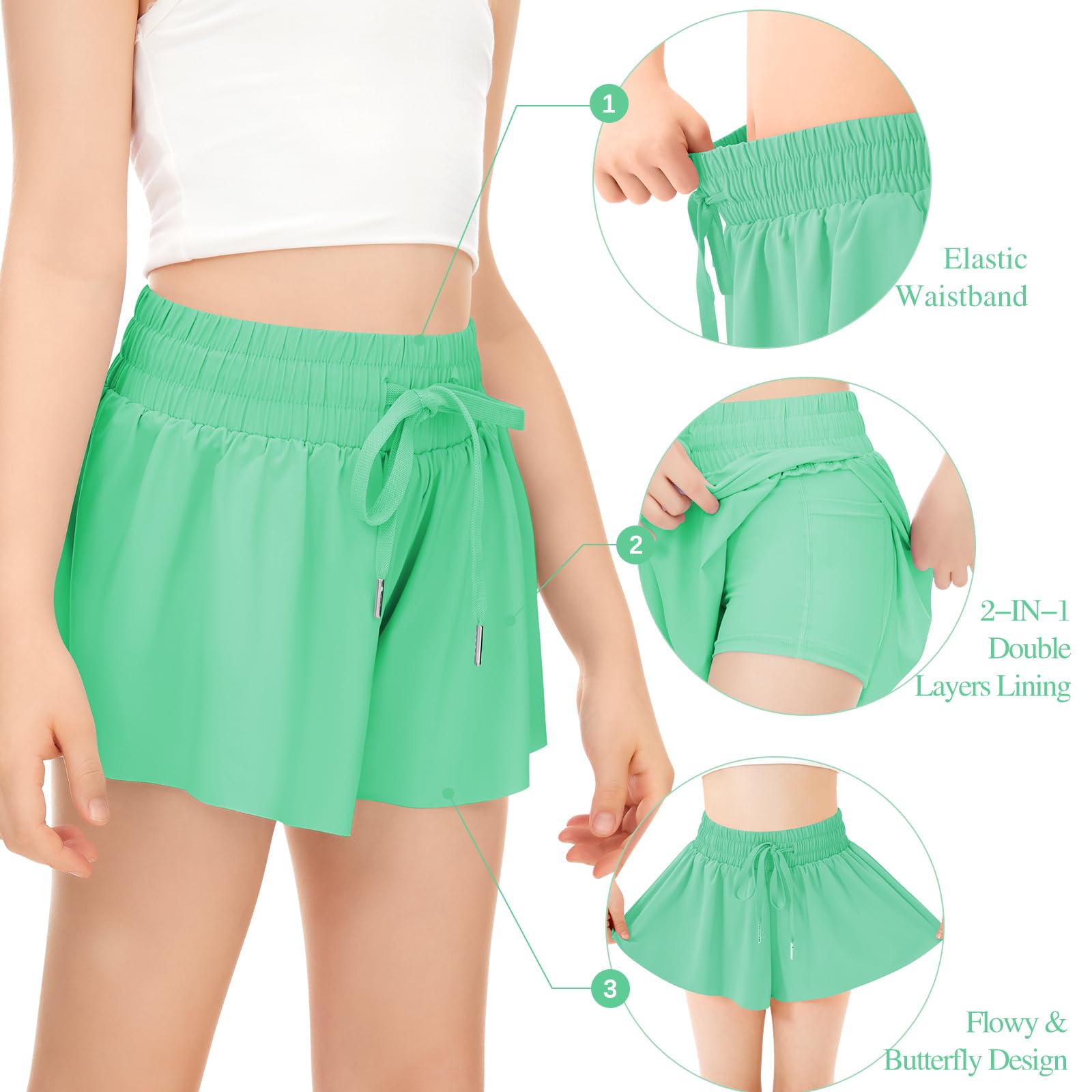 Girls' Athletic Running Shorts with Pockets - 2-in-1 Butterfly Design Spandex Shorts for Teen & Youth Sports | Perfect for Yoga, Gym Workouts & Summer Activities