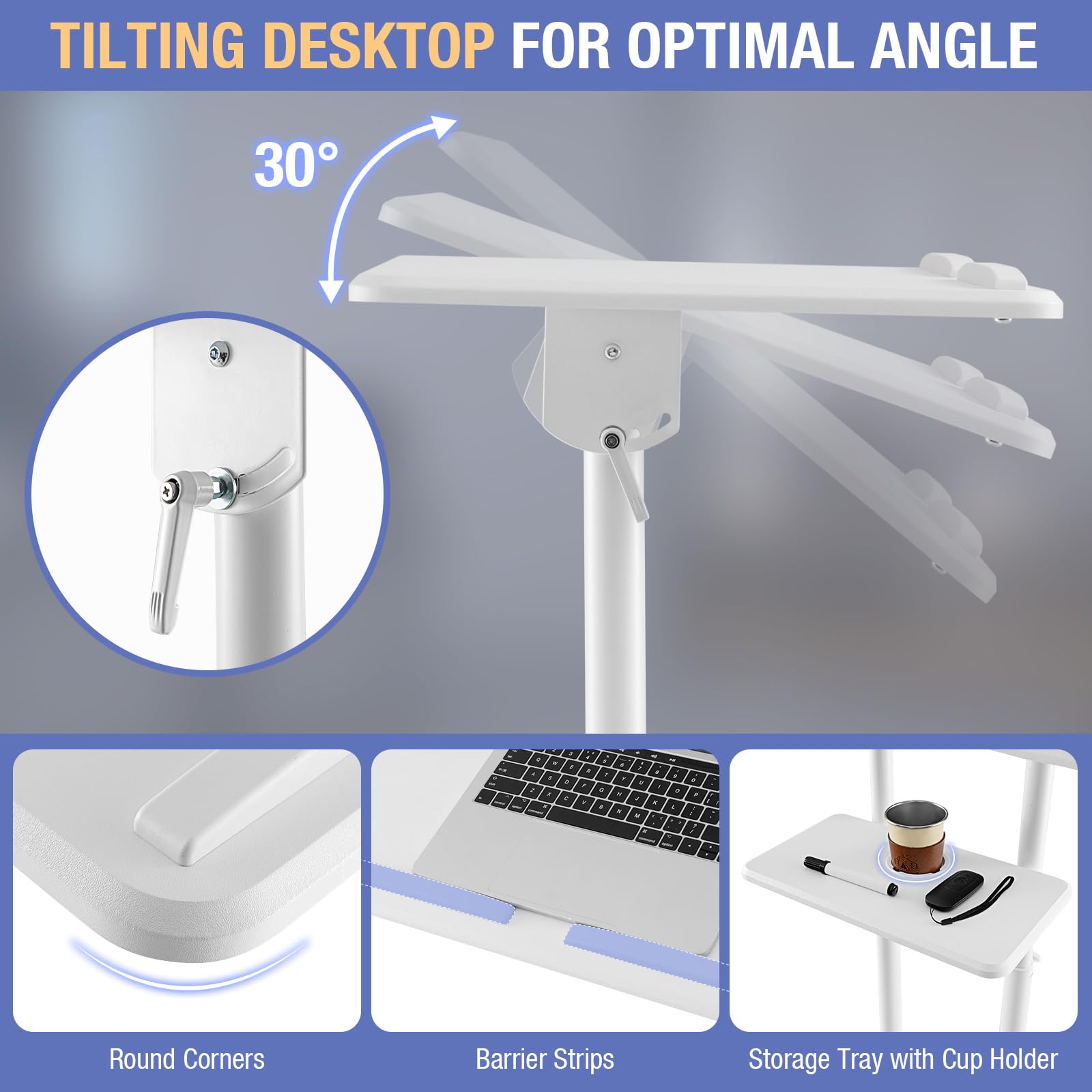 Adjustable Mobile Laptop Podium Stand with Storage Tray & Tilting Desktop - Rolling Lectern for Home Office, Classroom, Church & Presentations - White Standing Desk with Wheels for Easy Mobility