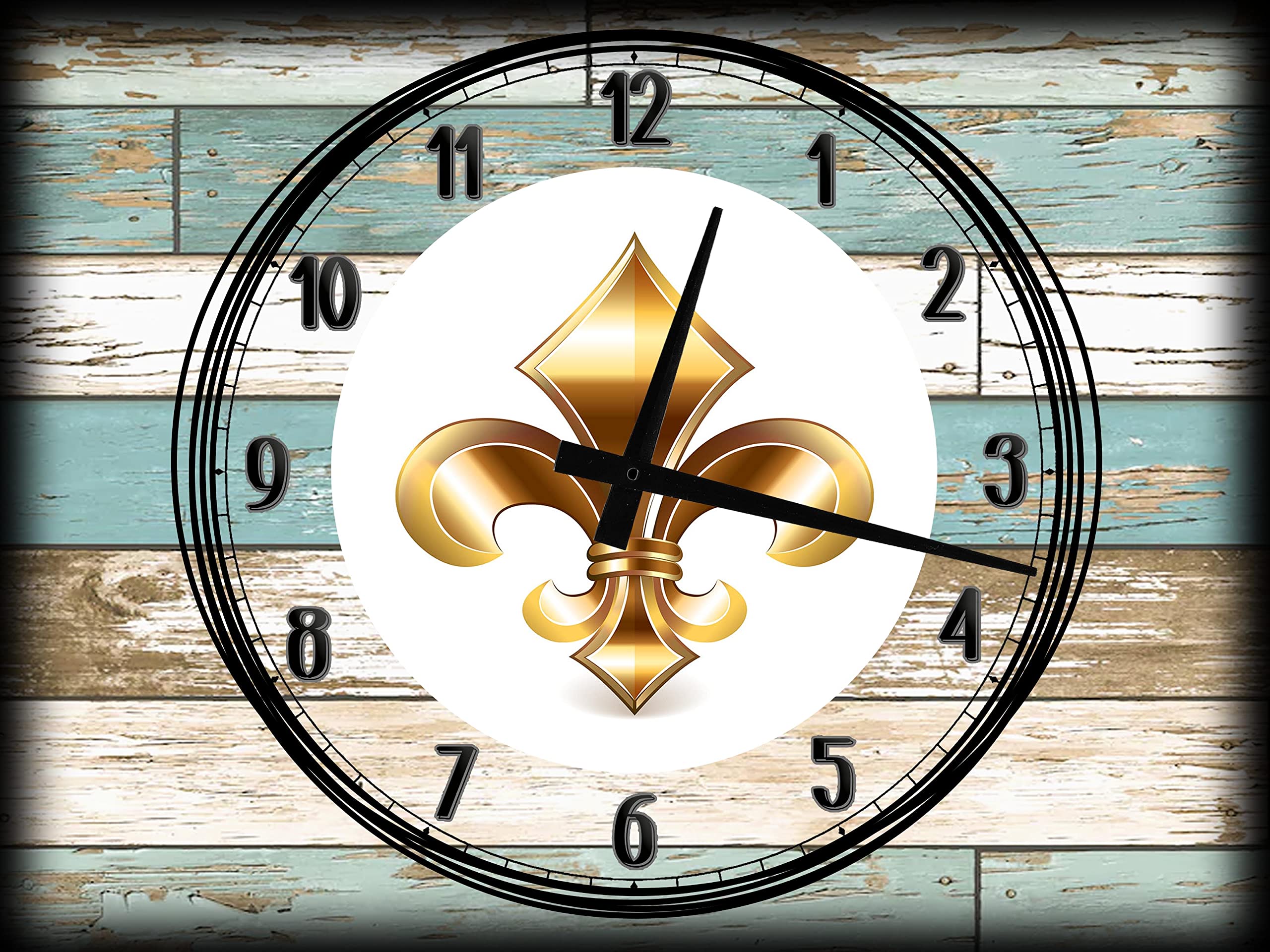 EVH Prints Large Teal White Wood Grain Wall Clock - 12x16 Inch Canvas Art with Fleur de Lis Bronze Gold Accents - Perfect for Kitchen, Living Room & Office Wall Decor