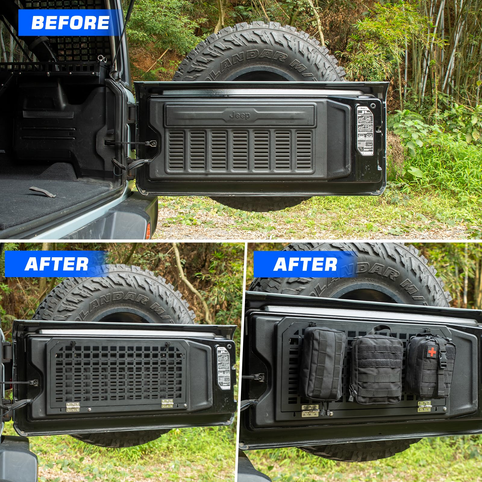 Foldable Tailgate Table with MOLLE Panel & 3 Storage Bags - Rear Cargo Rack Organizer for 2007-2024 Jeep Wrangler JKU JL JLU 4 Door - Perfect for Camping, Off-Roading & Outdoor Adventures