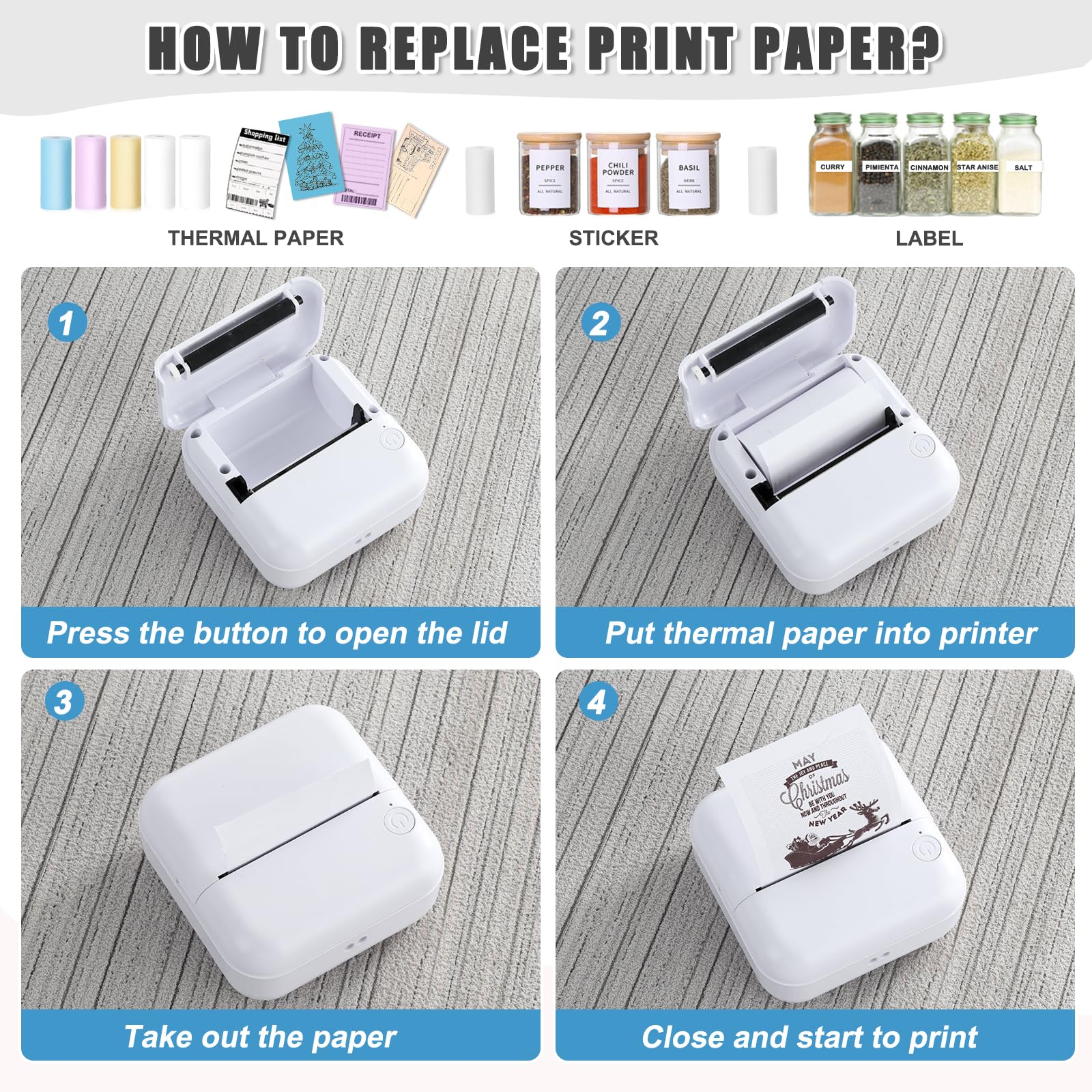 Mini Bluetooth Thermal Sticker Printer with 10 Rolls Paper - Portable Label Maker for Photos, Receipts, Notes & Lists - Perfect Gift for Kids & Students - Compatible with iOS & Android - Great for Home, Office & School Projects