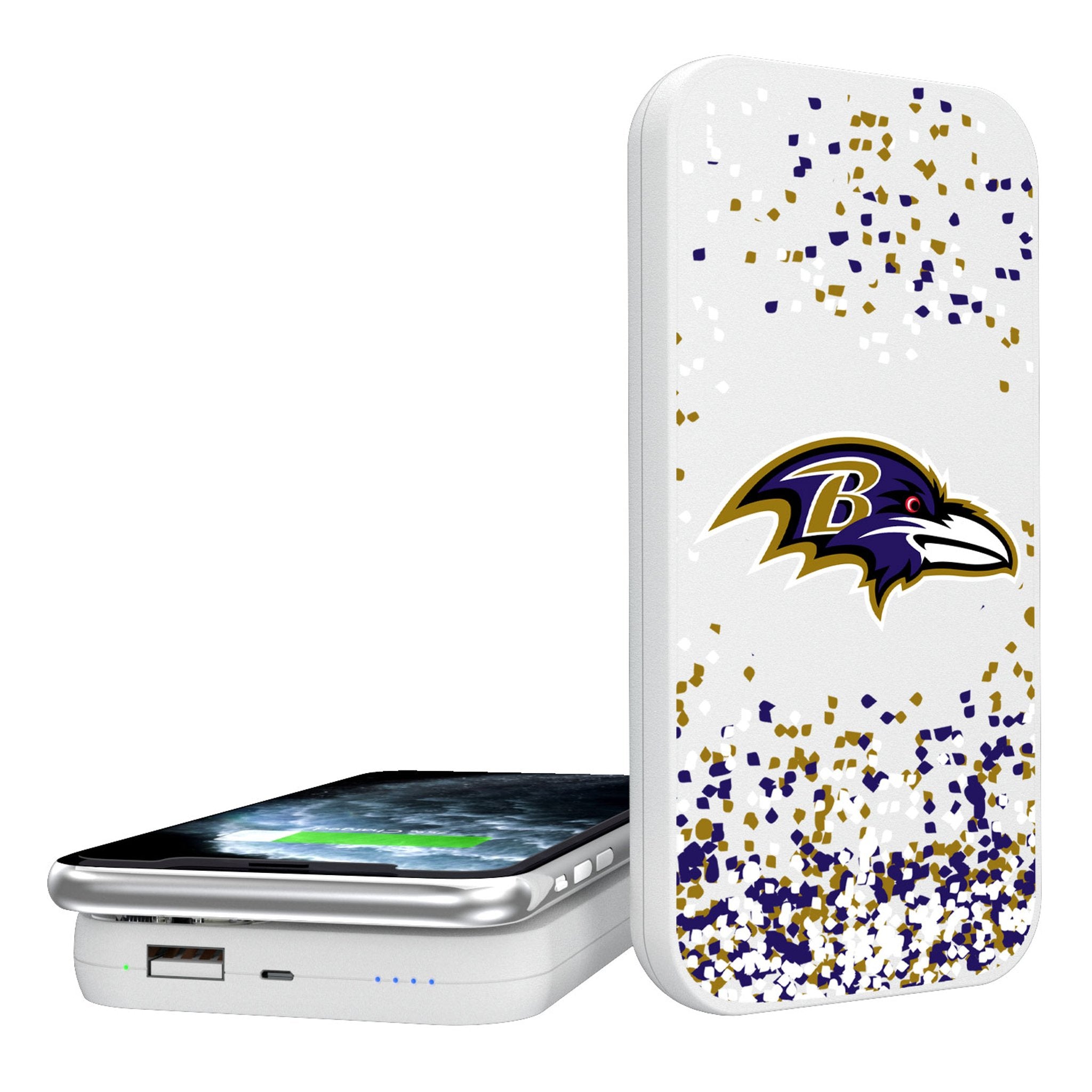 Baltimore Ravens 5000mAh Portable Wireless Charger with Confetti Design - Fast Charging Power Bank for iPhone, Samsung & AirPods - Perfect for Game Day, Travel & Office Use