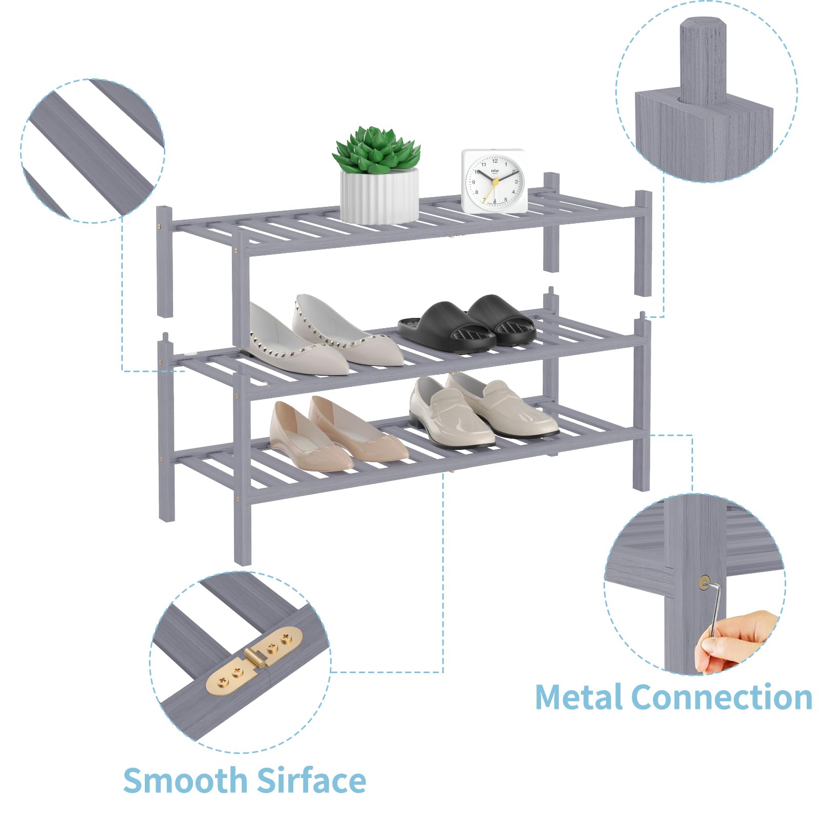 3-Tier Bamboo Shoe Rack Organizer - Free Standing Wooden Shoe Shelf for Closet, Entryway & Small Spaces - Stackable Storage Solution in Gray - Perfect for Apartment, Dorm & Home Organization