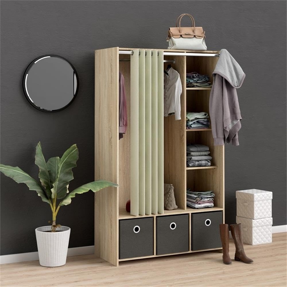 Tvilum Lola 3 Bin Curtain Storage Organizer - Oak Wood Frame with Natural & Gray Fabric Bins - Perfect for Bedroom Closet, Kids Room, or Bathroom Storage