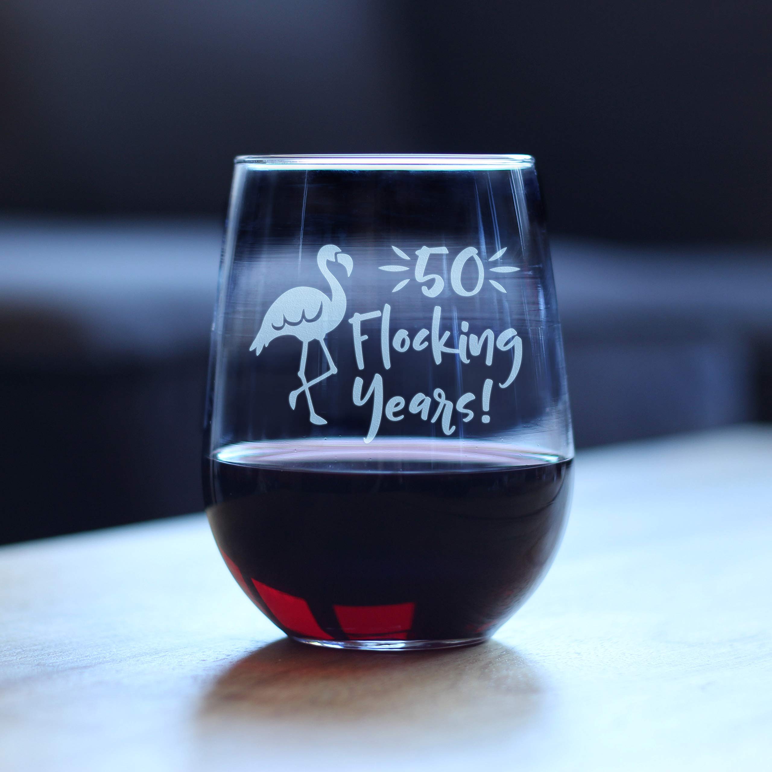 50 Flocking Years - Funny Flamingo Stemless Wine Glass for 50th Birthday, Anniversary or Reunion Gift - Large 15oz Tumbler - Perfect for Pool Parties, Bachelorette Gifts & Tropical Themed Celebrations