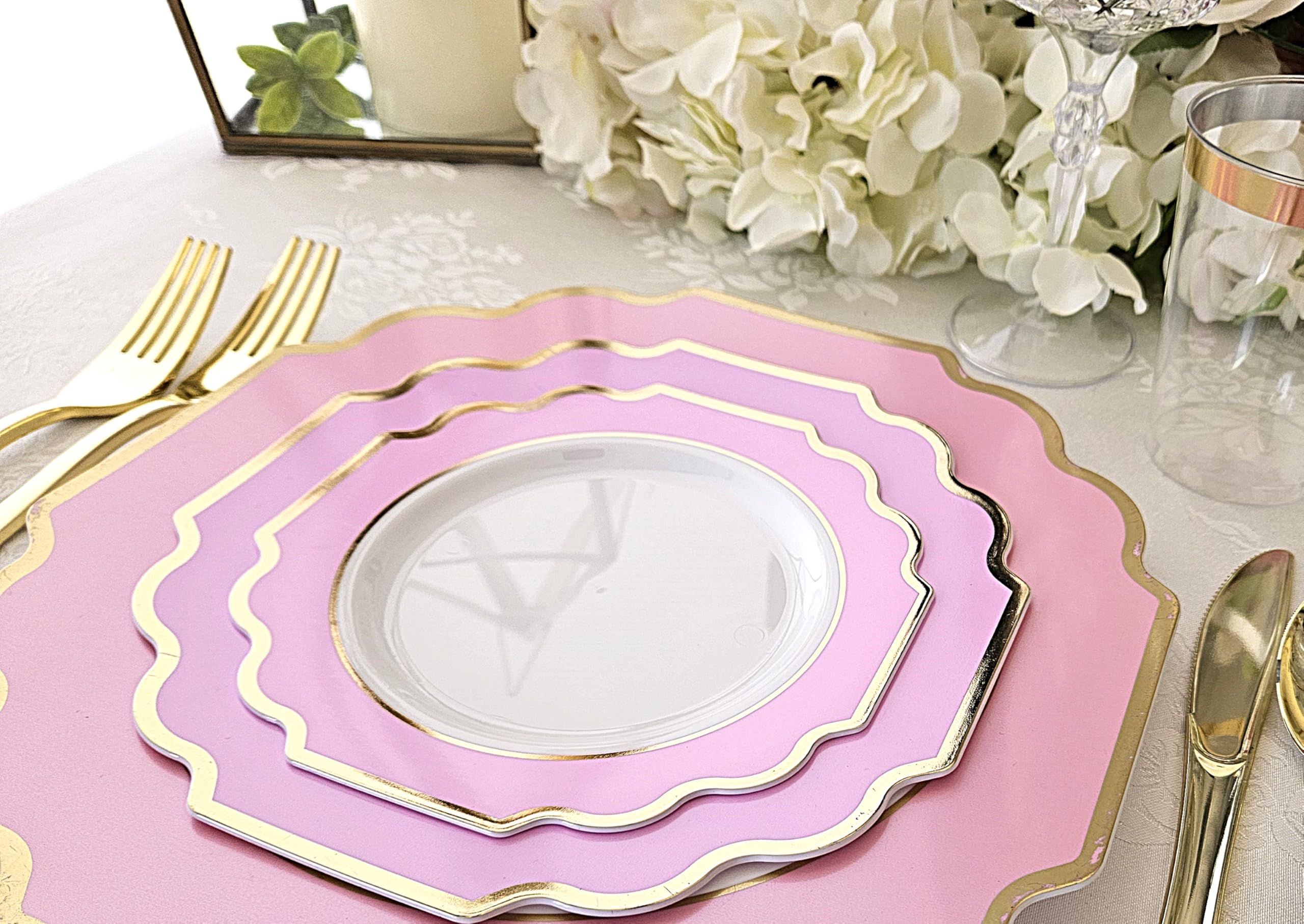 60 Heavyweight Disposable Plastic Plates for Weddings & Parties - 8'' Dinner Plates in Imperial White, Light Pink & Gold - Elegant Tableware for Special Occasions, Events & Celebrations