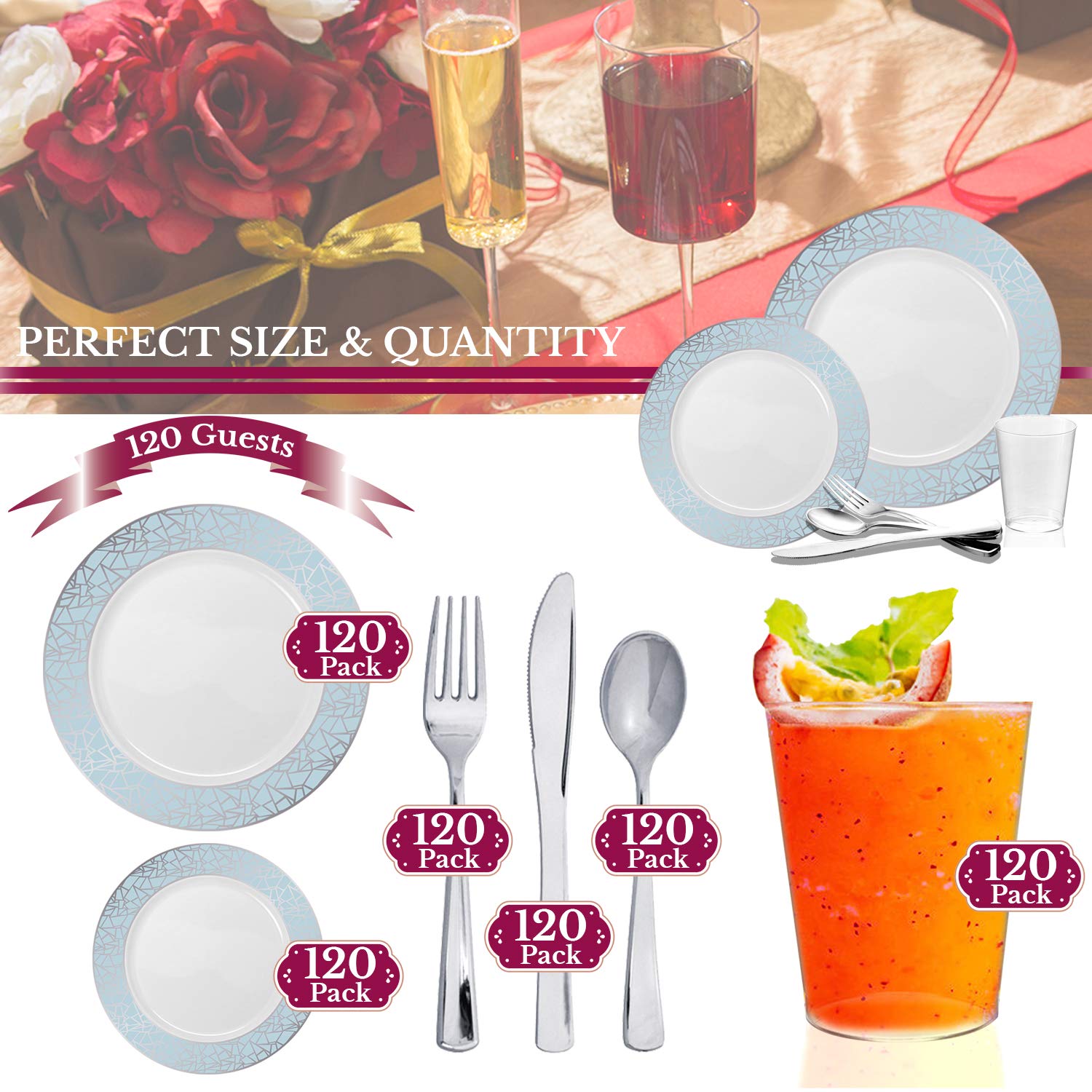 Elegant Disposable Plastic Dinnerware Set for 120 Guests - White with Blue & Silver Mosaic Design, Includes Dinner Plates, Salad Plates, Cutlery & Cups | Perfect for Weddings, Birthday Parties, Catering Events & Special Occasions