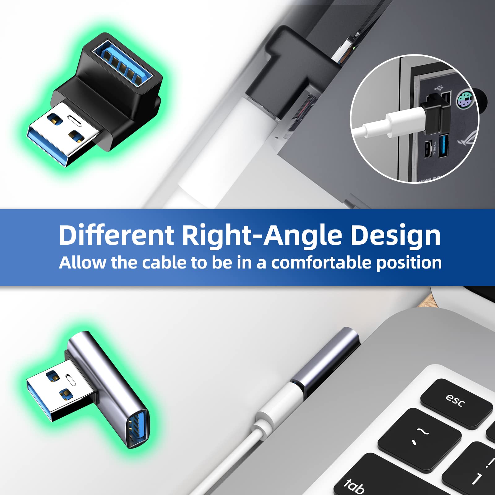 DuHeSin 8 Pack 90 Degree USB Adapter Set - 4x USB-A to USB-C, 3x USB-A to USB-A & 1x USB-C to USB-C Male to Female Converters - Compatible with Laptop, PC, Car Charger, Power Bank - Perfect for Office, Travel & Home Charging Stations