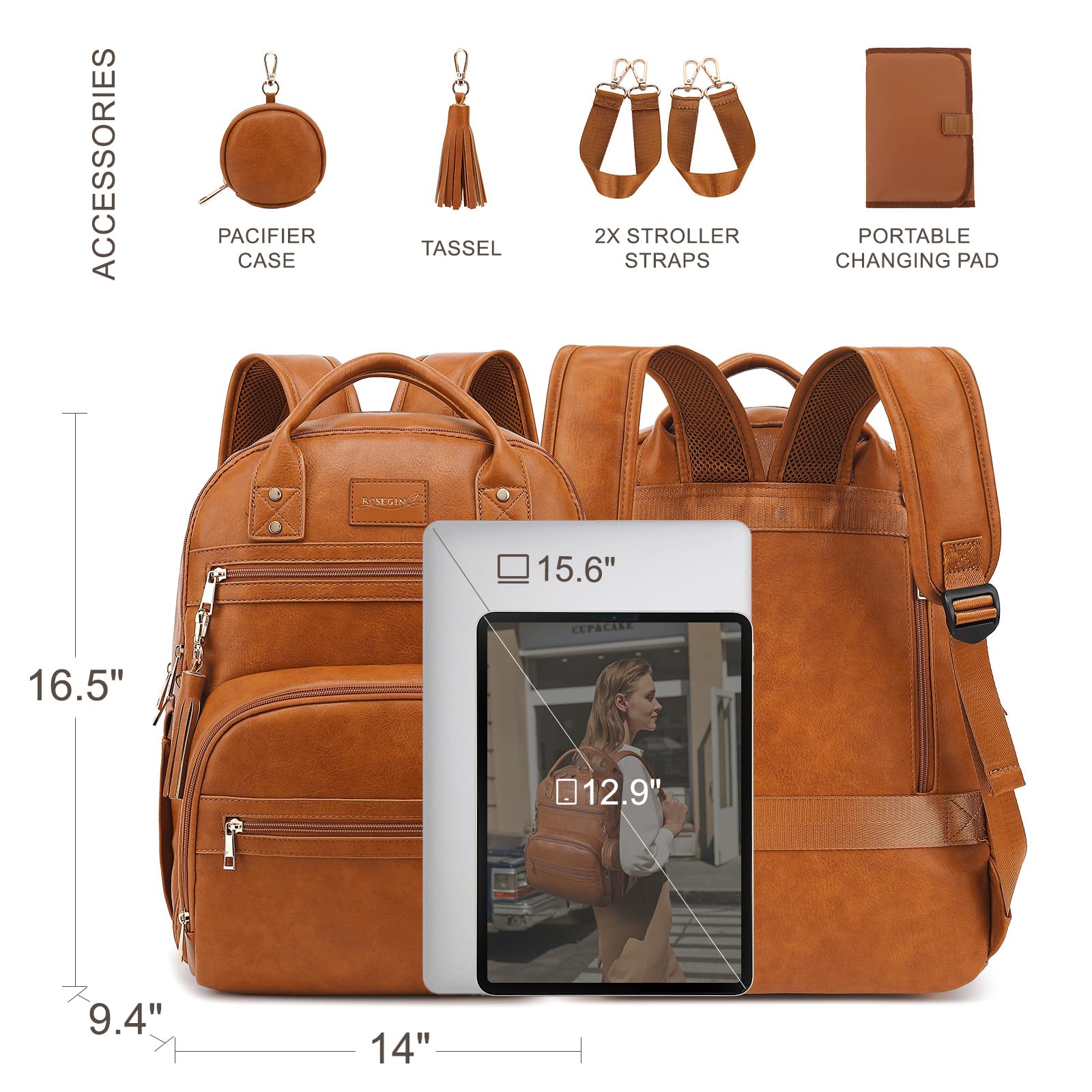 Premium Vegan Leather Diaper Bag Backpack - Waterproof Baby Changing Pad, 20 Pockets Organizer, Reinforced Zippers & Odor-Free, Fits 15.6