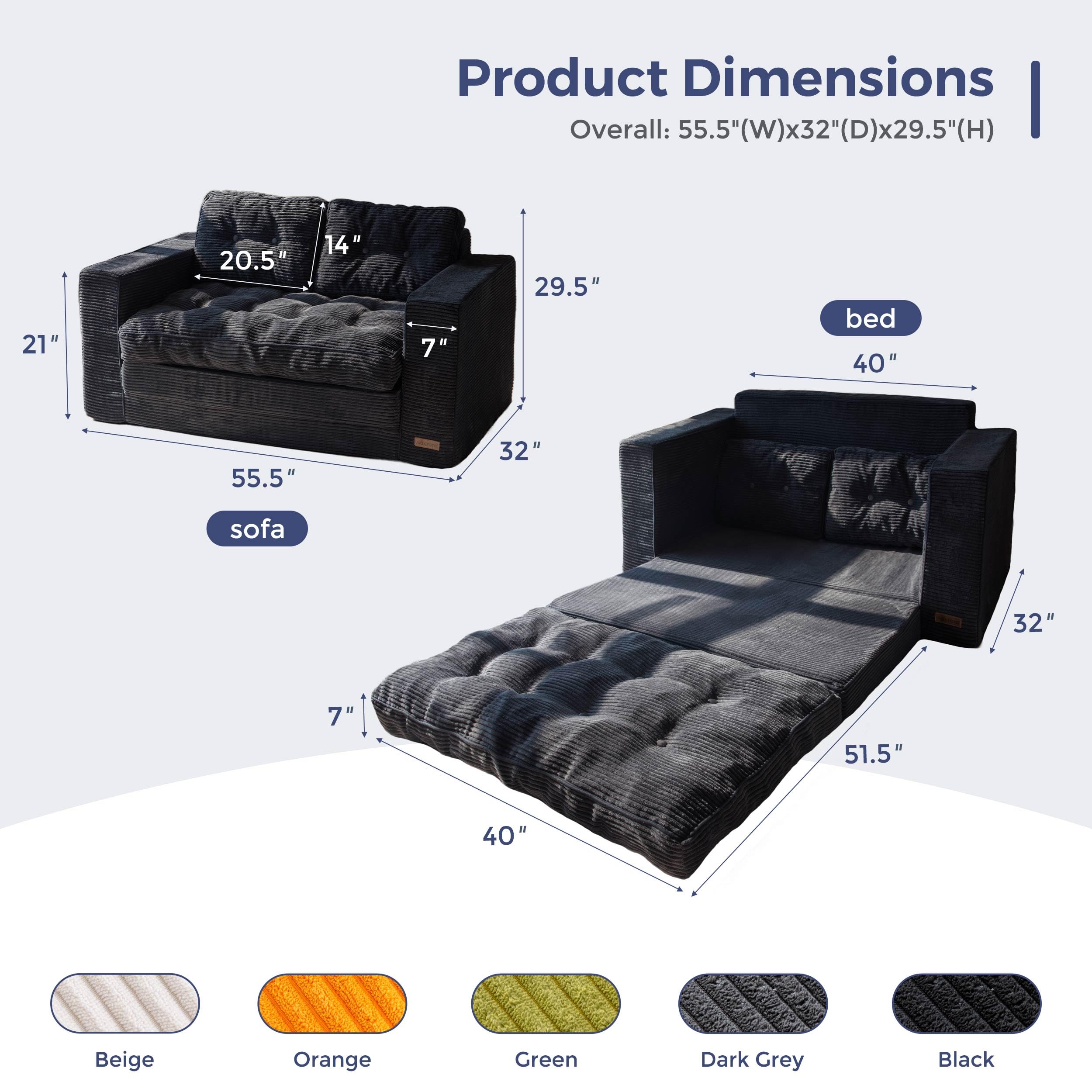 MAXYOYO Convertible Sofa Bed - Corduroy Floor Sofa with Pillows in Black | Multi-Functional Guest Bed & Lounge Chair for Small Spaces, Living Room & Studio Apartments