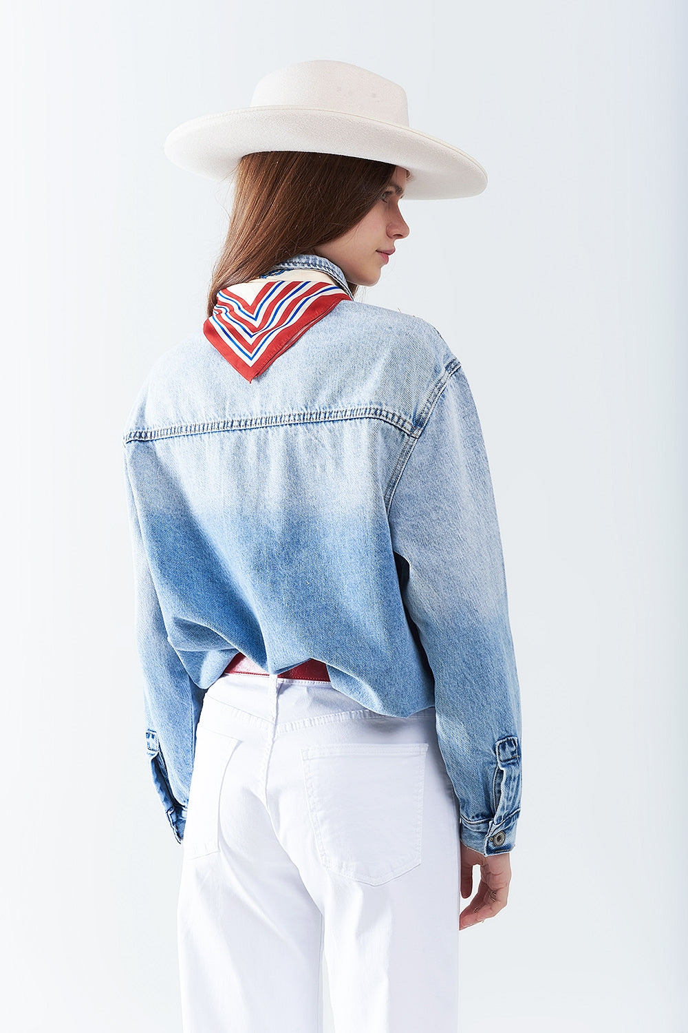 Distressed Denim Shirt with Chest Pockets & Embroidered Rhinestone Details - Casual Wear for Women, Perfect for Street Style & Everyday Outfits