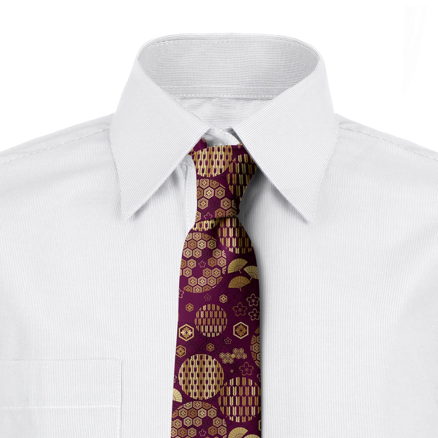 Ambesonne Men's Silk Tie - Elegant Hand Fans Pattern, 3.7 Inch Width, Dark Magenta & Sand Brown - Perfect for Business Meetings, Weddings & Formal Events