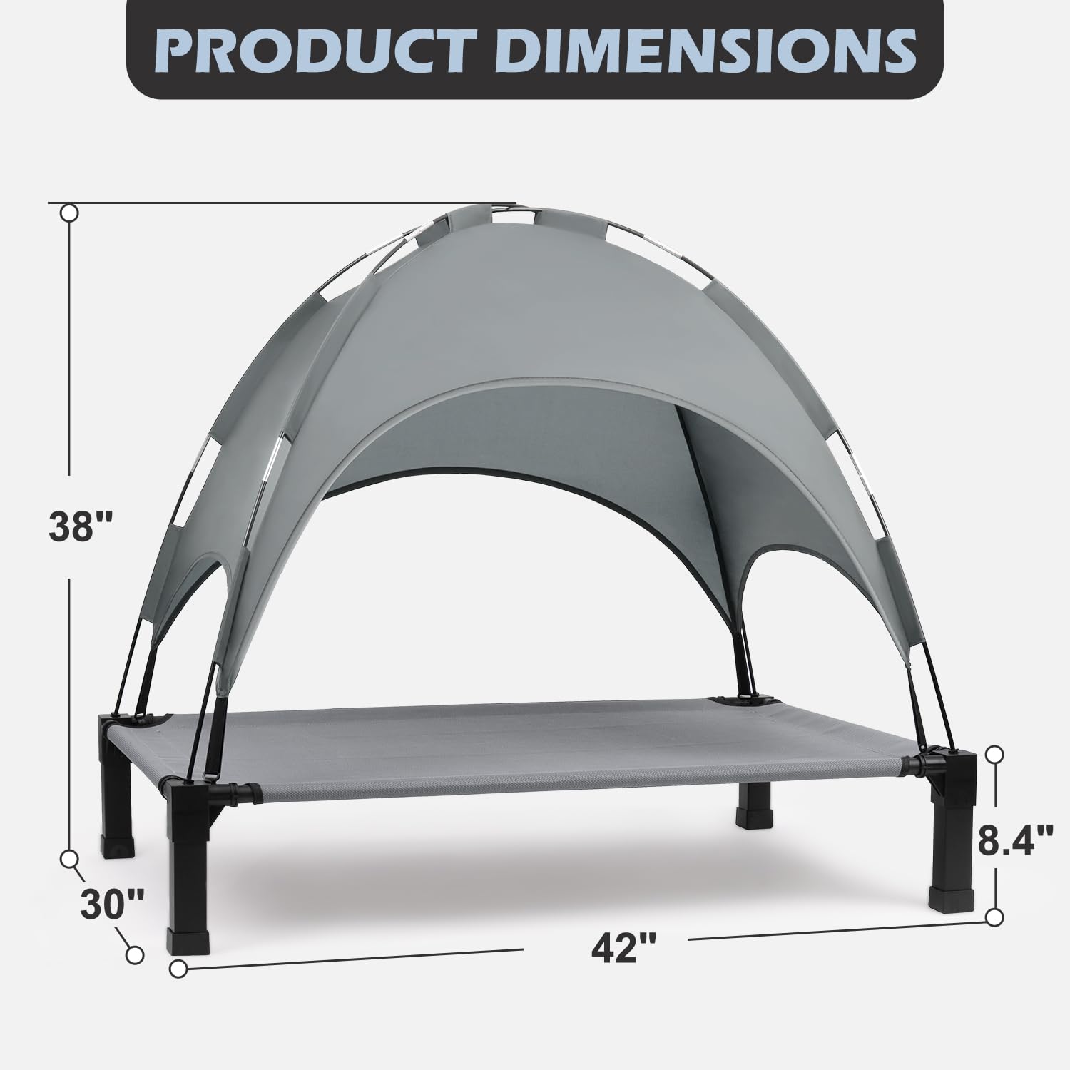 Elevated Dog Bed with Canopy - Portable Cooling Raised Pet Cot with Removable Shade Tent for Dogs & Cats | Grey | Perfect for Outdoor Camping, Backyard Lounging & Travel
