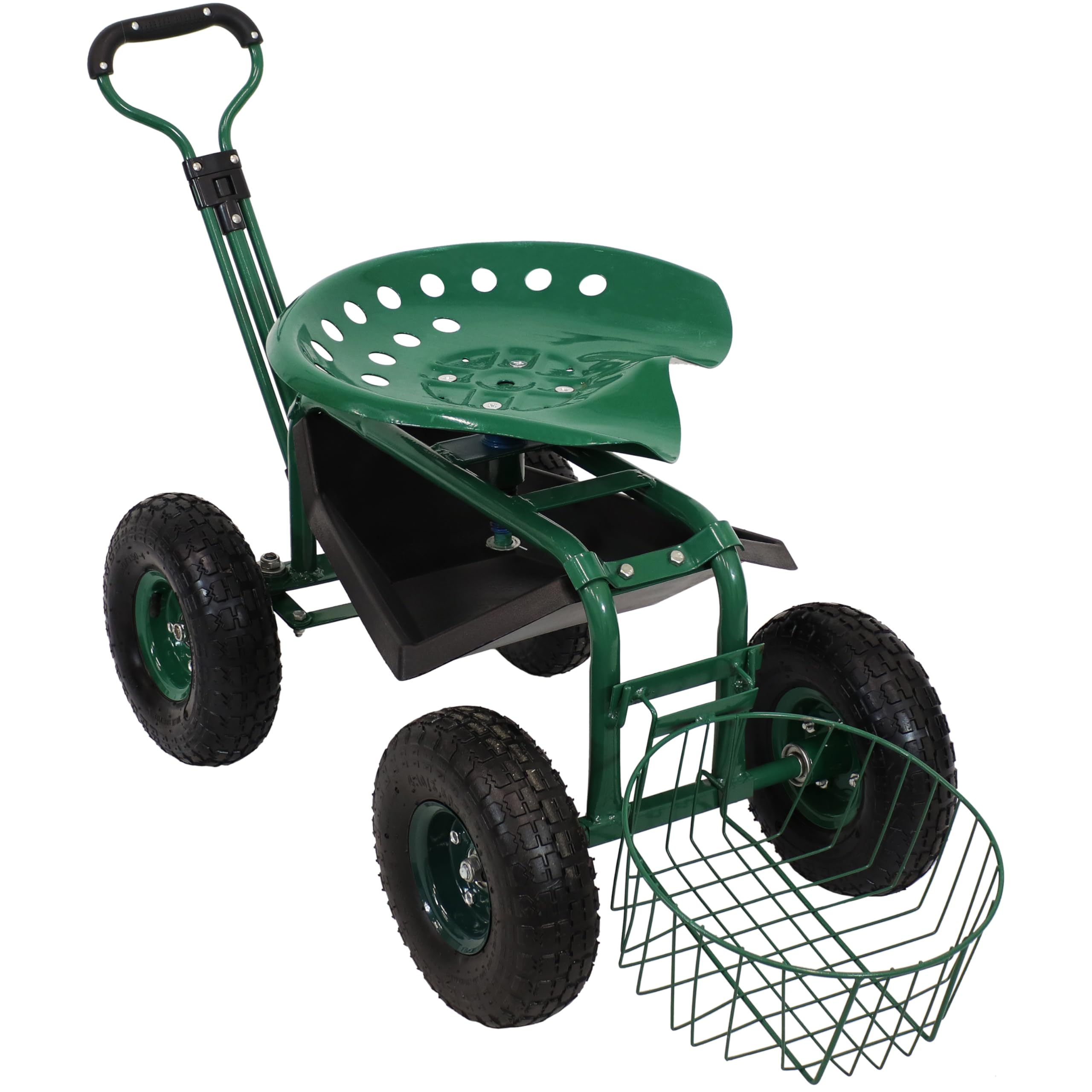 Sunnydaze Rolling Garden Stool with Wheels - Extendable Steer Handle, Swivel Seat & Utility Tool Tray - Green Outdoor Gardening Stool for Planting, Weeding & Yard Work