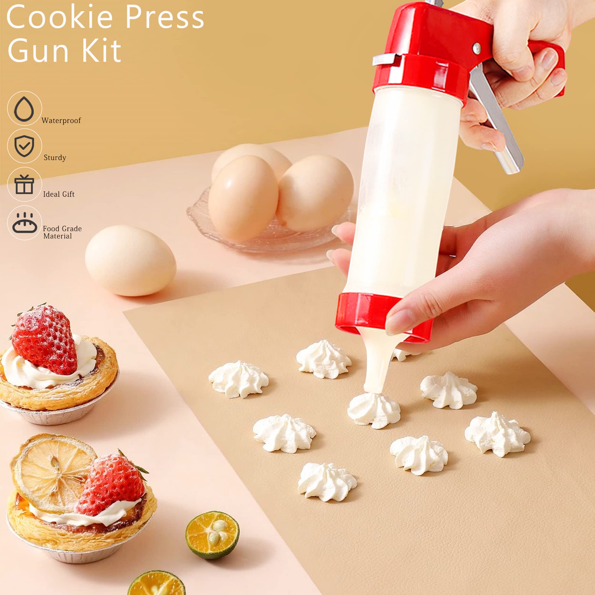 Premium Cookie Press for Baking - Spritz Cookie Maker with 6 Decorating Tips & 16 Discs - Thick Cookie Press Gun Kit for DIY Cookies, Cakes, Pastries - Perfect for Holiday Baking & Party Dessert Decorating (Red)