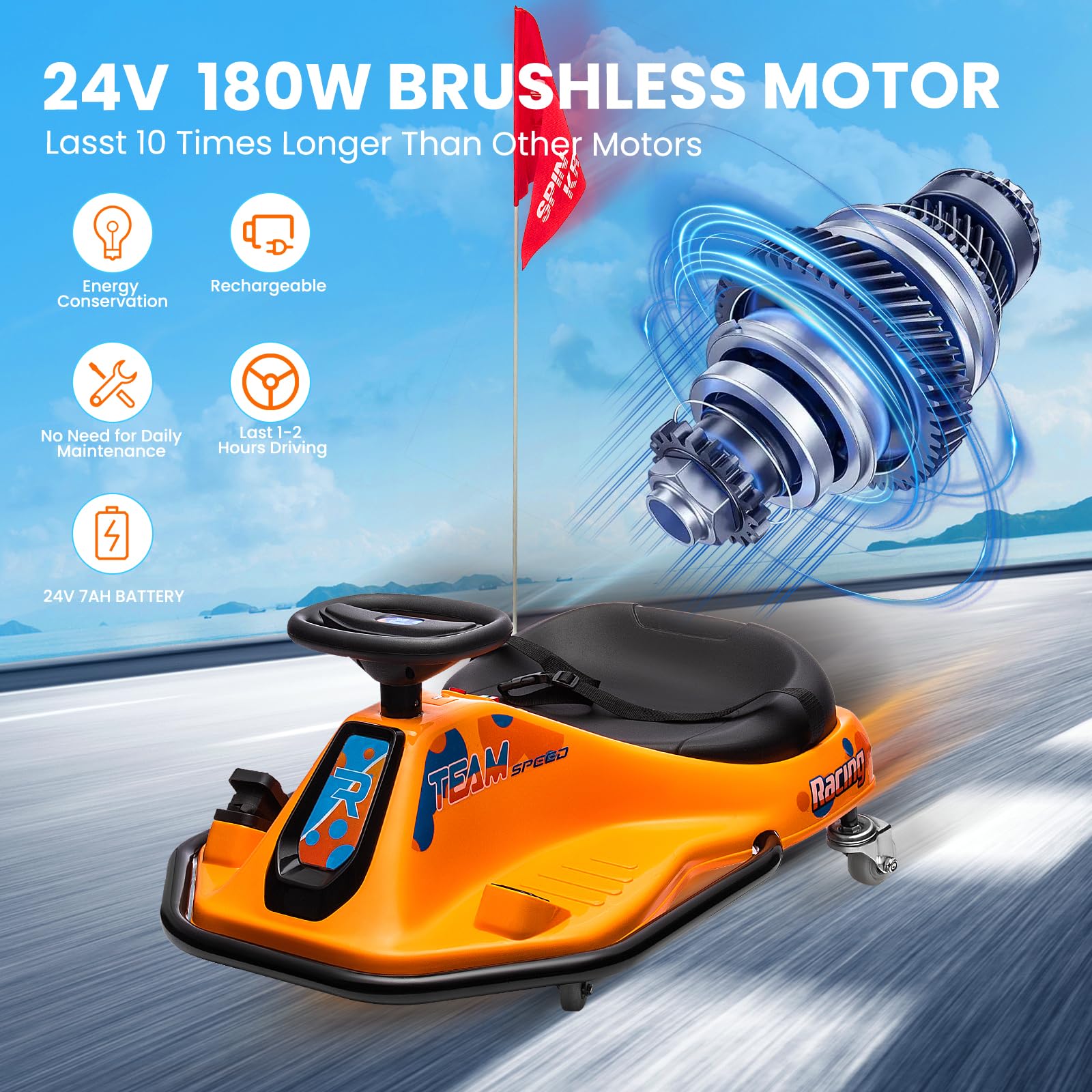 24V Kids Electric Drift Go-Kart with 7Ah Battery - 360° Rotating Drift System, Adjustable Speed & LED Lights - Perfect for Outdoor Play, Birthday Gifts & Backyard Racing (Orange)