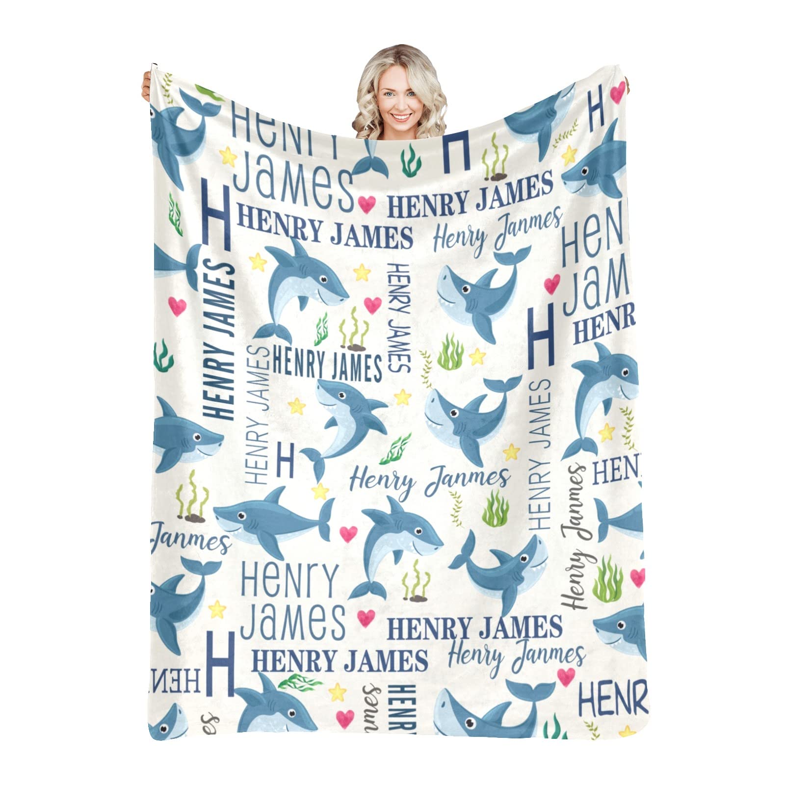 Customized Baby Blankets with Name - Cute Shark Pattern Personalized Sherpa Blanket for Boys & Girls | Unique Baby Shower Gift, Nursery Essential & Cozy Travel Blanket