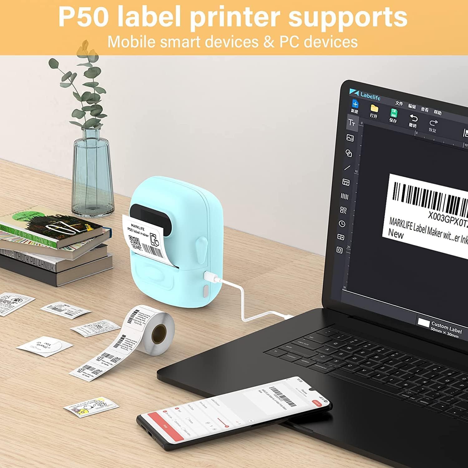MARKLIFE Portable Bluetooth Label Maker Machine with Tape - Thermal Barcode Printer for Address, Clothing, Jewelry, Retail & Small Business | Home & Office Use (Blue + 3 Labels: White/White/Clear) | Perfect for Organizing, Shipping & Inventory Management