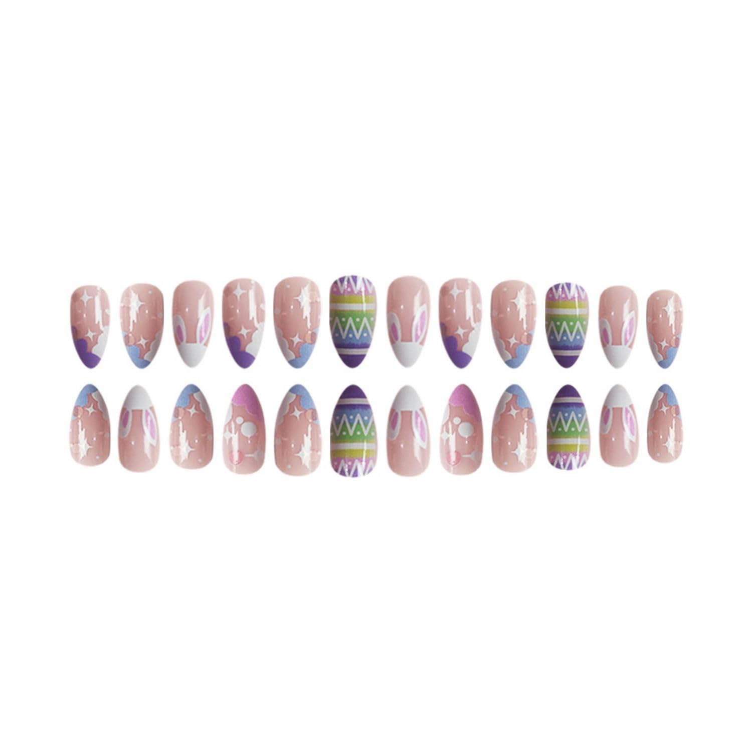 24Pcs Easter Bunny Press-On Nails - Short Almond Fake Nails in Nude Pink | Full Cover Glue-On Acrylic Nails with Easter Egg Decorations | Cute Nail Art Supplies for Women & Girls | Perfect for Easter Parties, Spring Nail Designs & Daily Wear