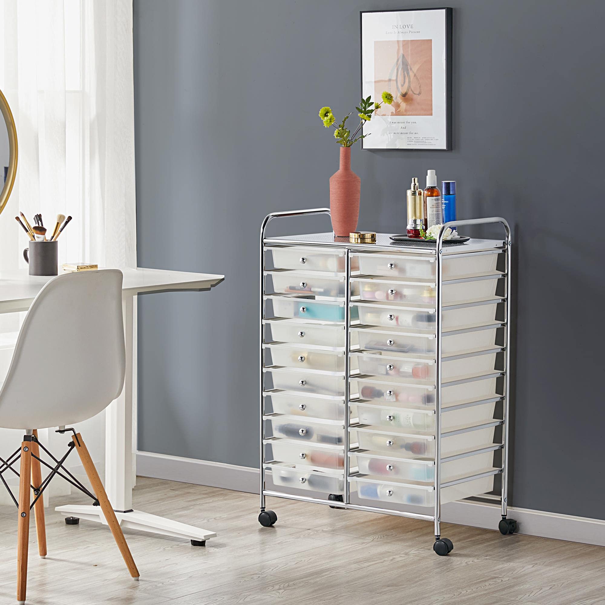 Yaheetech 20-Drawer Rolling Storage Cart - Multipurpose Mobile Organizer for Tools, Scrapbooking, Office Supplies & Crafts - White Rolling Utility Cart with Wheels for Home, Office & Classroom Organization