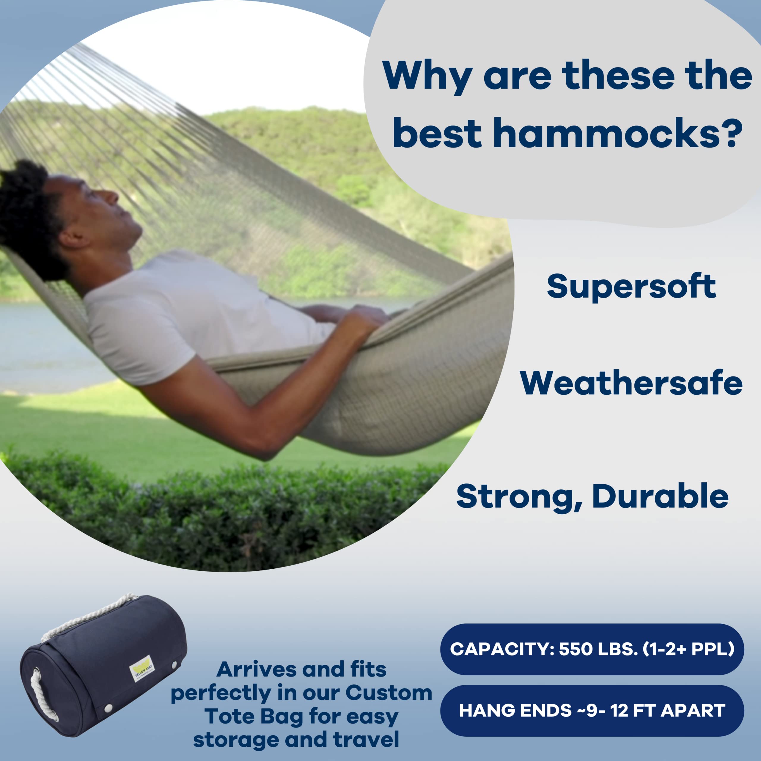 Premium Handwoven Family Hammock by Yellow Leaf - 550lb Capacity, Weatherproof & Ultra Soft for 2+ People - Artisan-Made Stripe Grey & White Hammock - Perfect for Backyard, Beach, Camping & Outdoor Relaxation