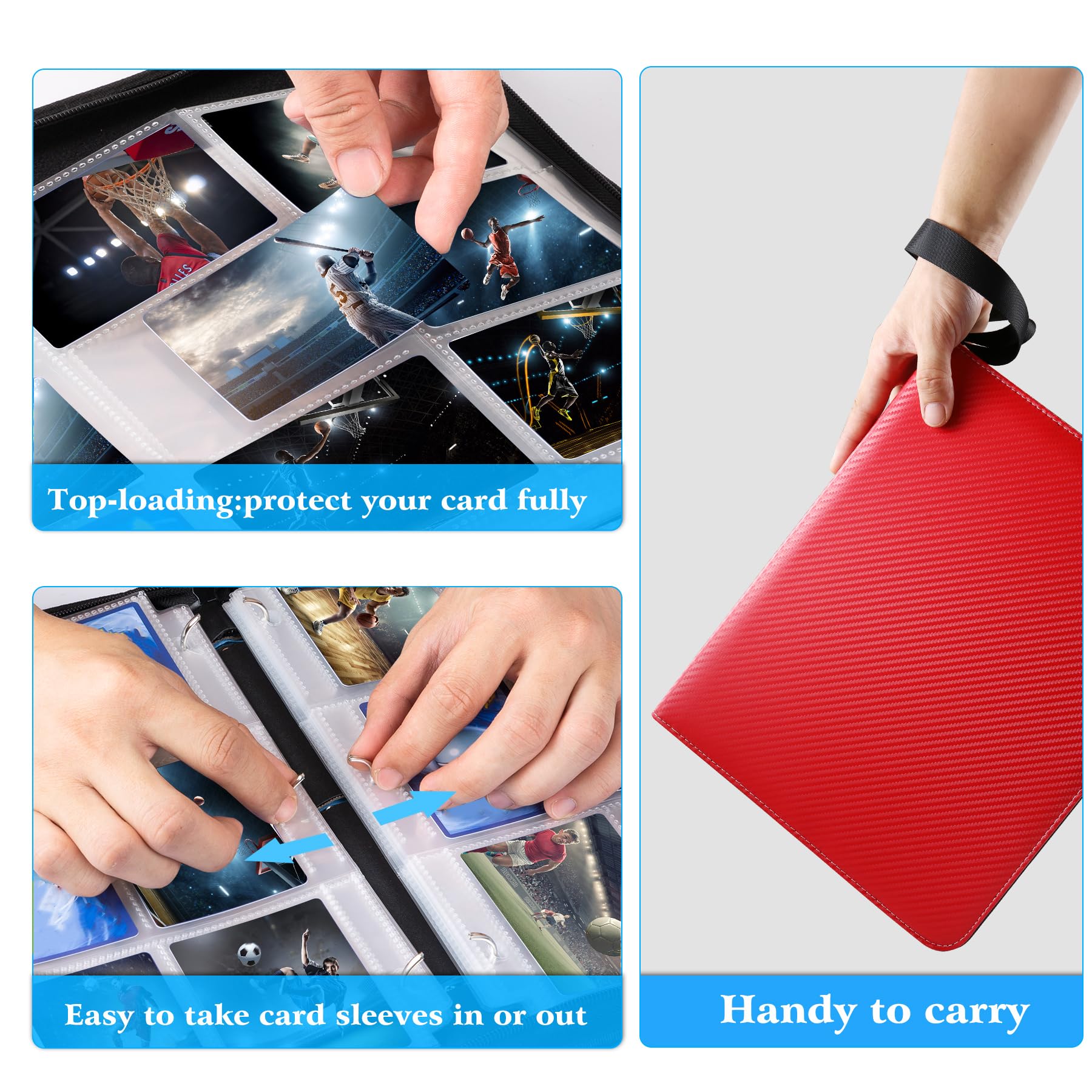 WOT I Trading Card Binder - 900 Pocket Baseball & Football Card Holder with Zipper, Double-Sided Sleeves, Durable Carry Case (Red) - Perfect for Collectors, TCG Games, and Sports Card Storage WO-CB-9-7