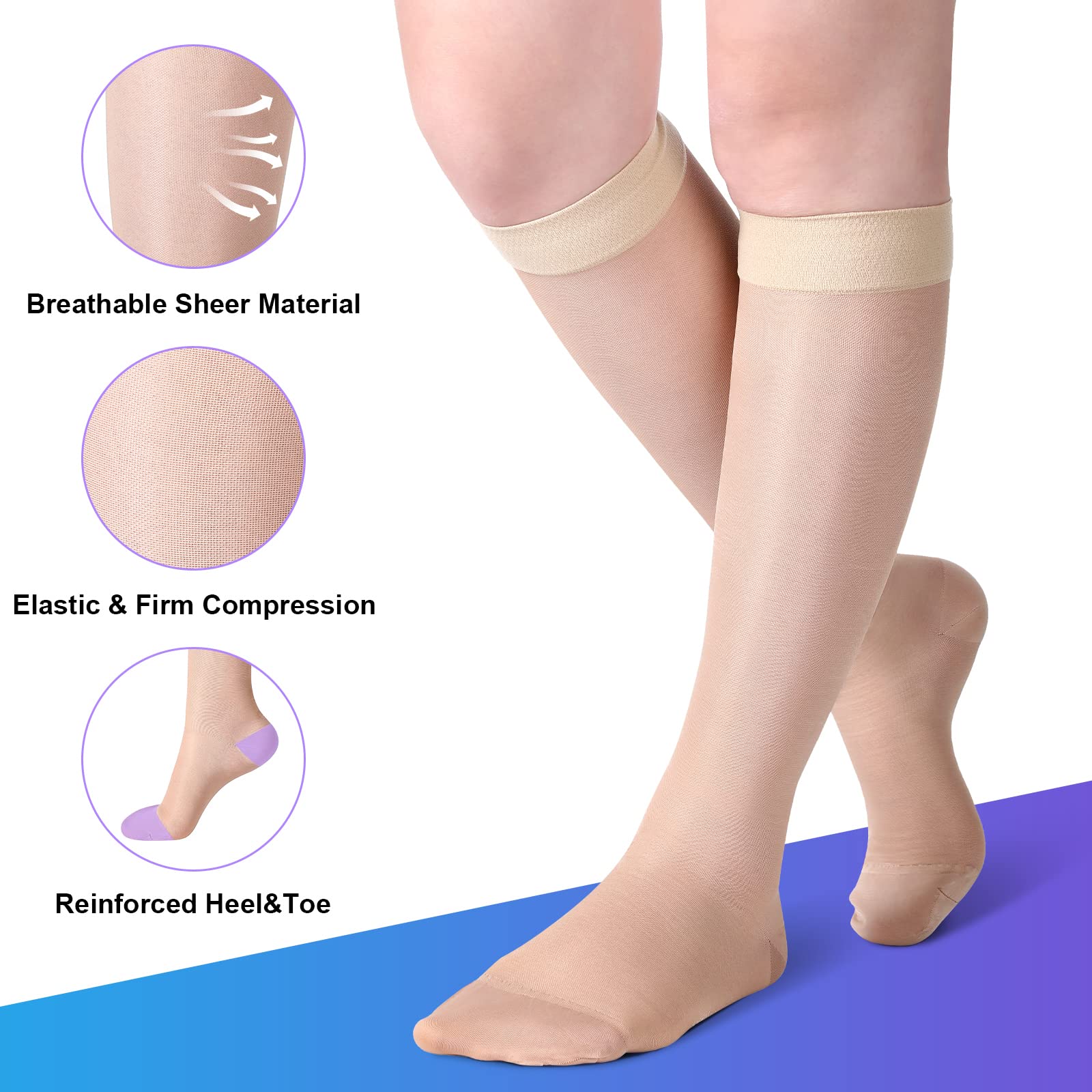 Shellwei 3 Pairs 20-30 mmHg Knee High Compression Socks for Women - Sheer Support Stockings for Circulation, Travel & Nursing