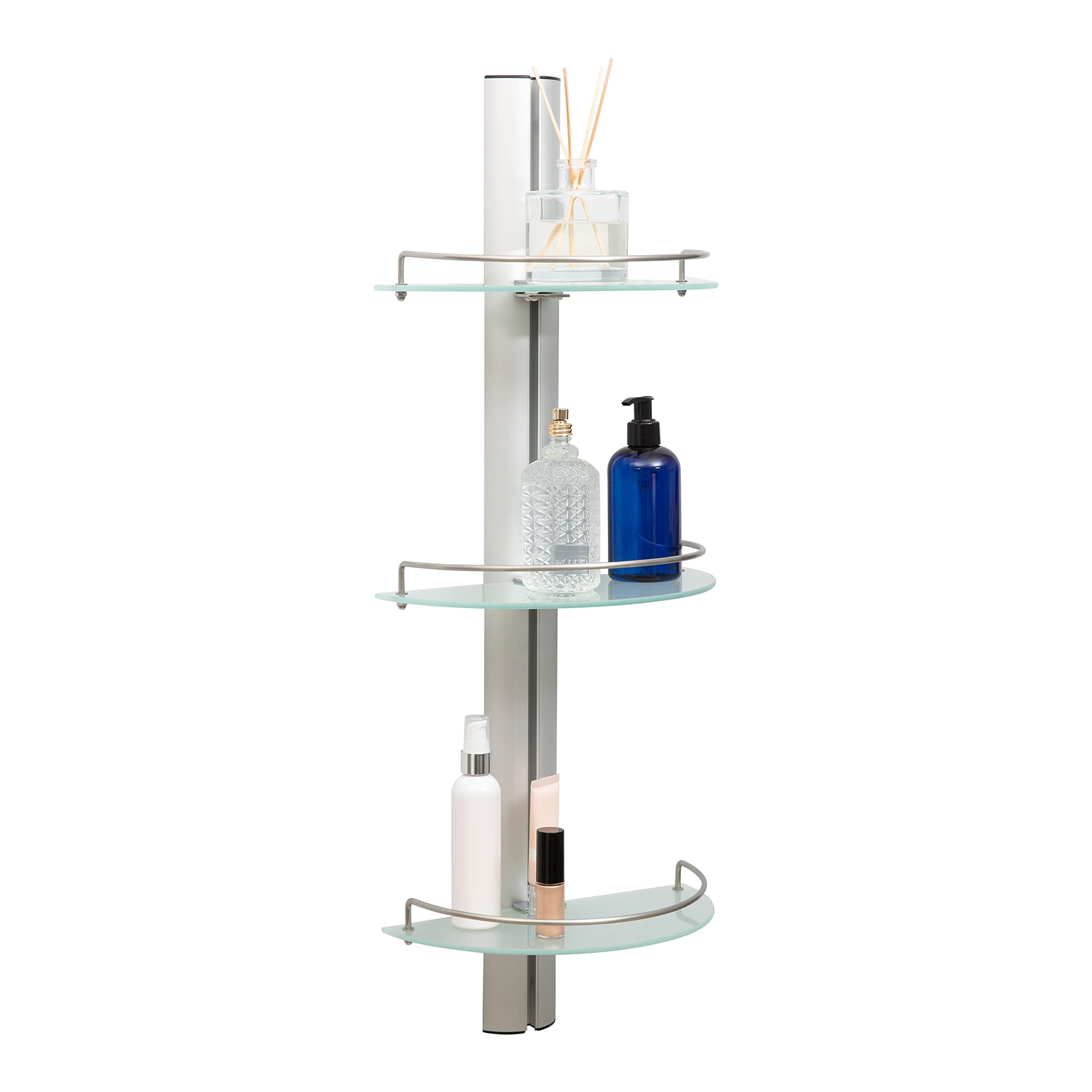 3-Tier Half Moon Bathroom Shelf with Stainless Steel Rail - Space Saving Glass Shelves for Shower Organization, Bathroom Storage & Home Decor