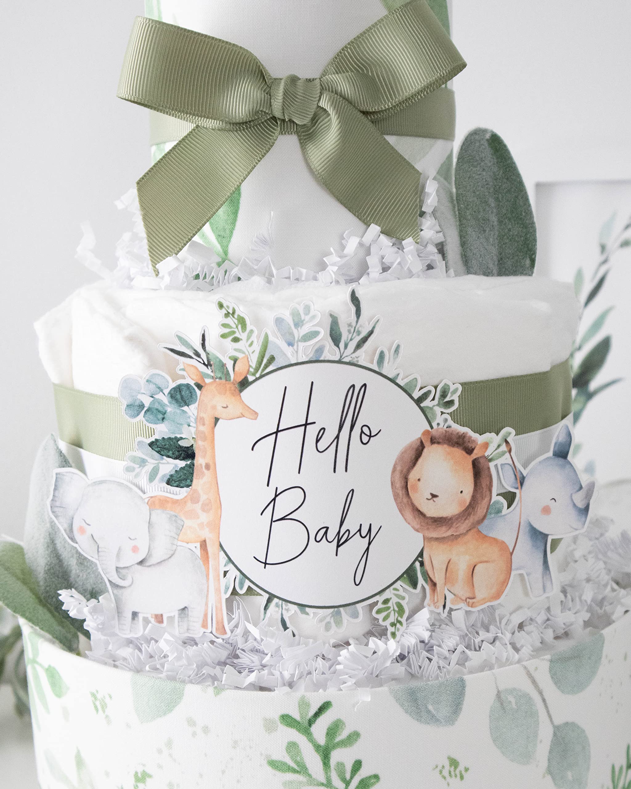 Gender Neutral Greenery Diaper Cake - Unique Baby Shower Gift & Nursery Decoration Centerpiece (Safari Theme) | Perfect for Newborn Celebrations & Gender Reveal Parties