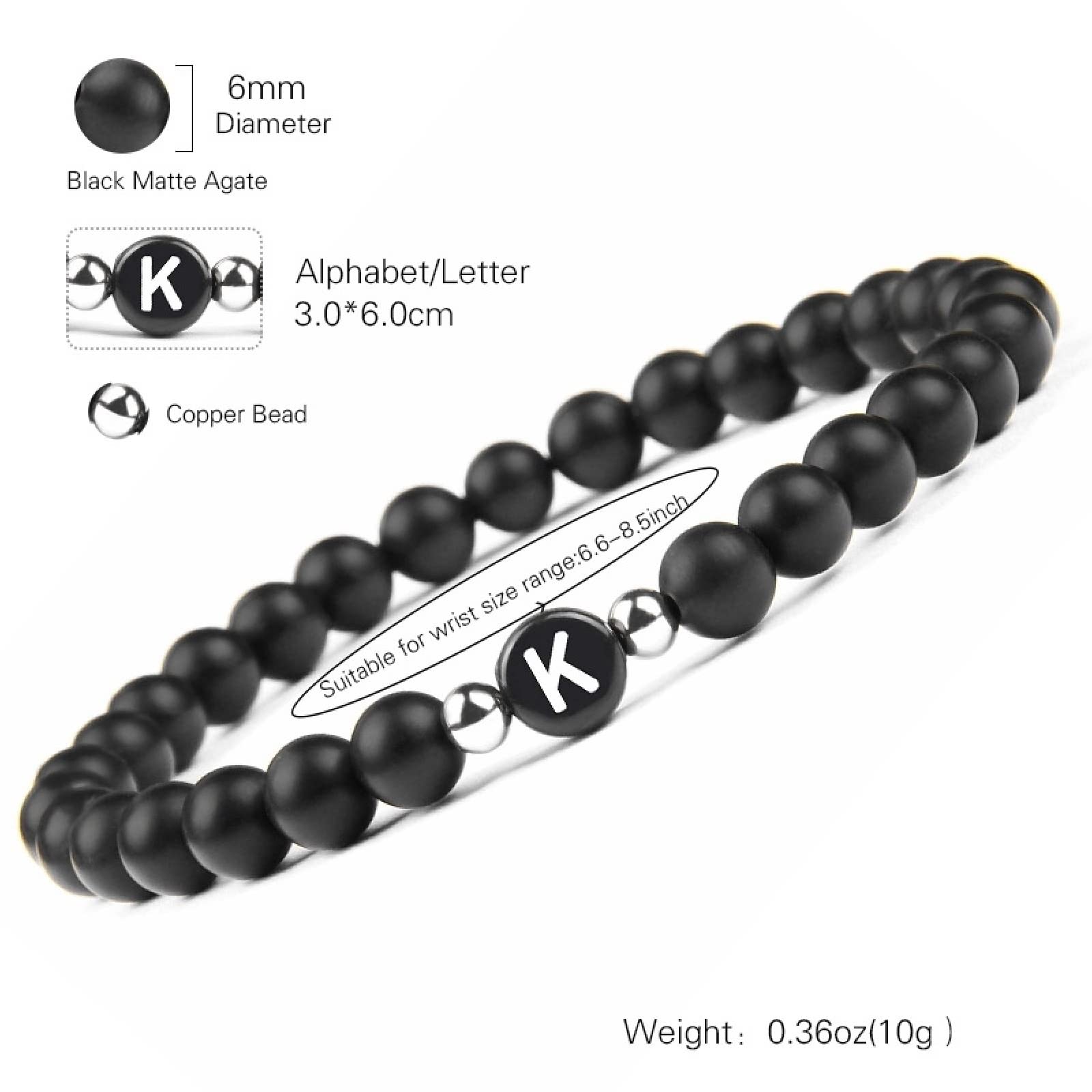 Black Agate Beaded Bracelet for Women & Men - Elastic Letter U Bead Bracelet with Alloy Charms, Unisex Birthday Gift for Her & Him - Perfect for Casual Wear, Parties & Special Occasions